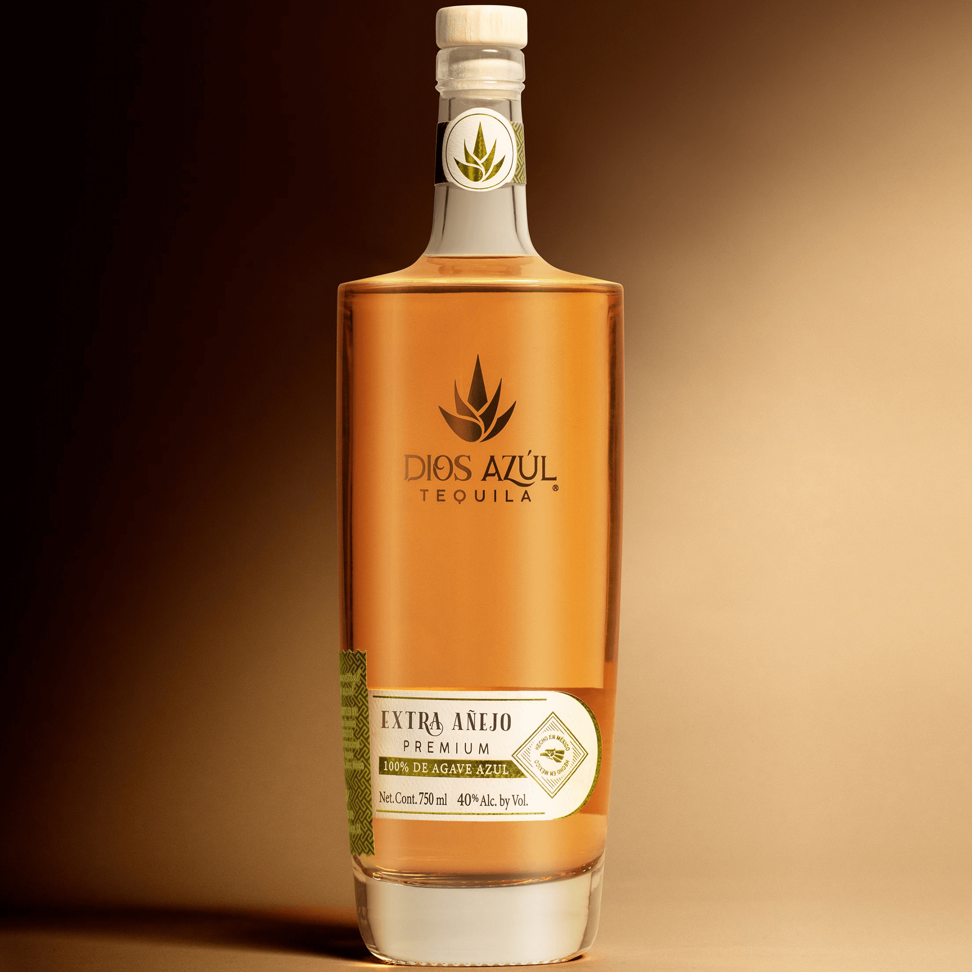 Dios Azul Extra Añejo Tequila bottle with dark amber color, showcasing its premium quality and rich flavors.