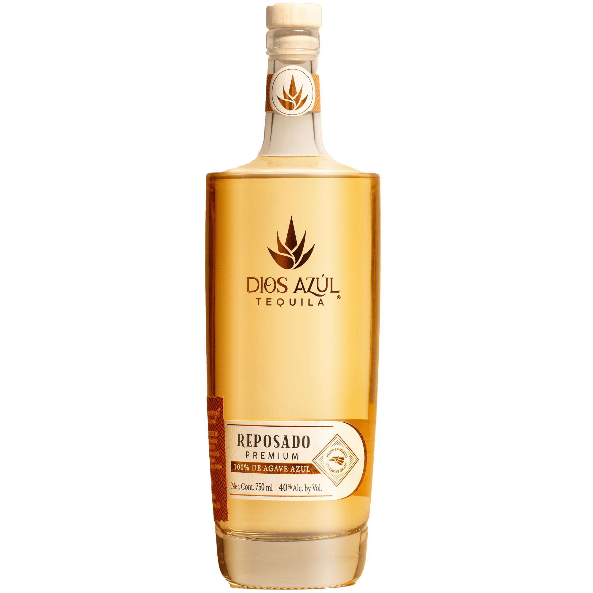 Dios Azul Reposado Tequila bottle showcasing its warm amber color and premium label, crafted from 100% Blue Agave.