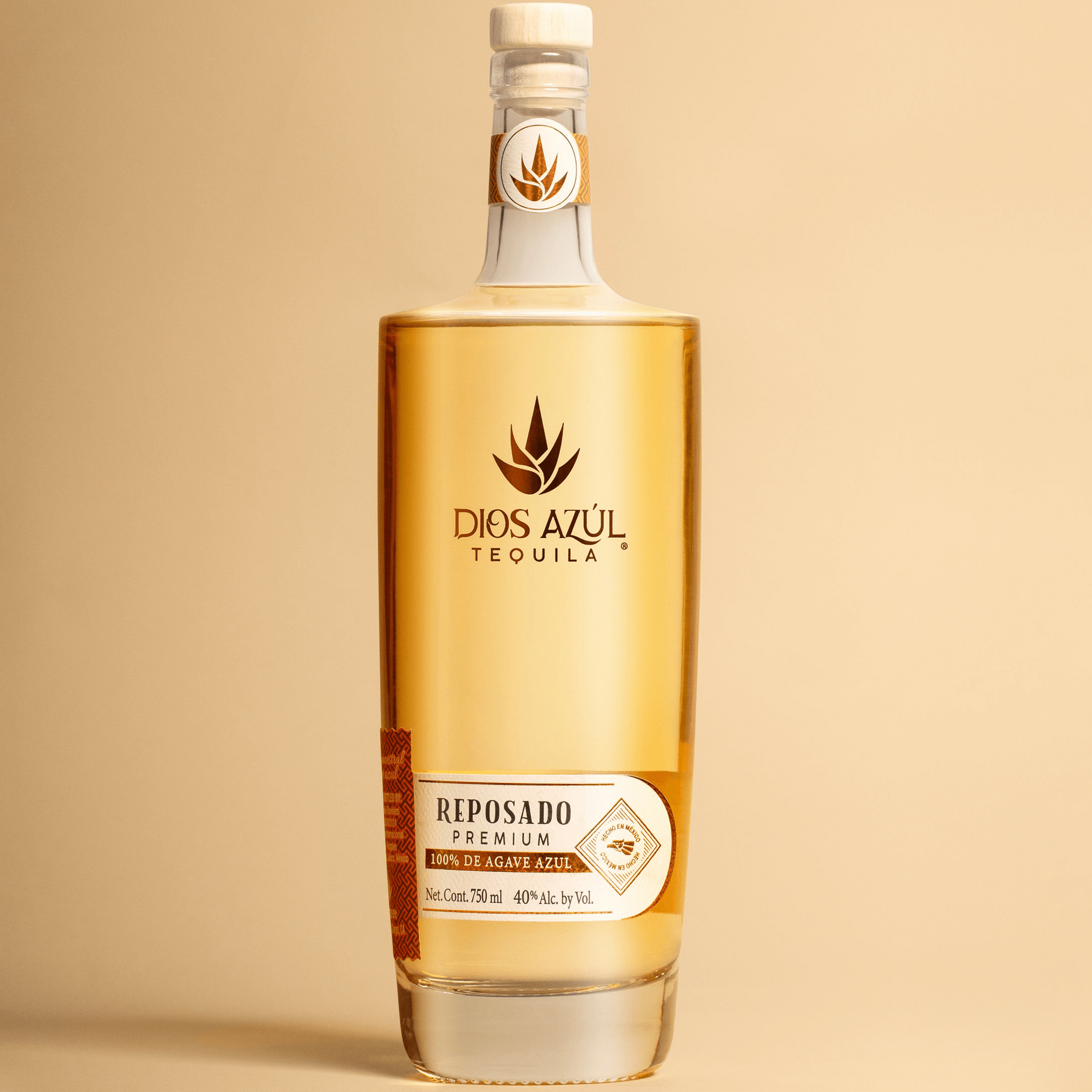 Dios Azul Reposado Tequila bottle showcasing warm oak and vanilla flavors, 100% blue agave, elegance in tradition.
