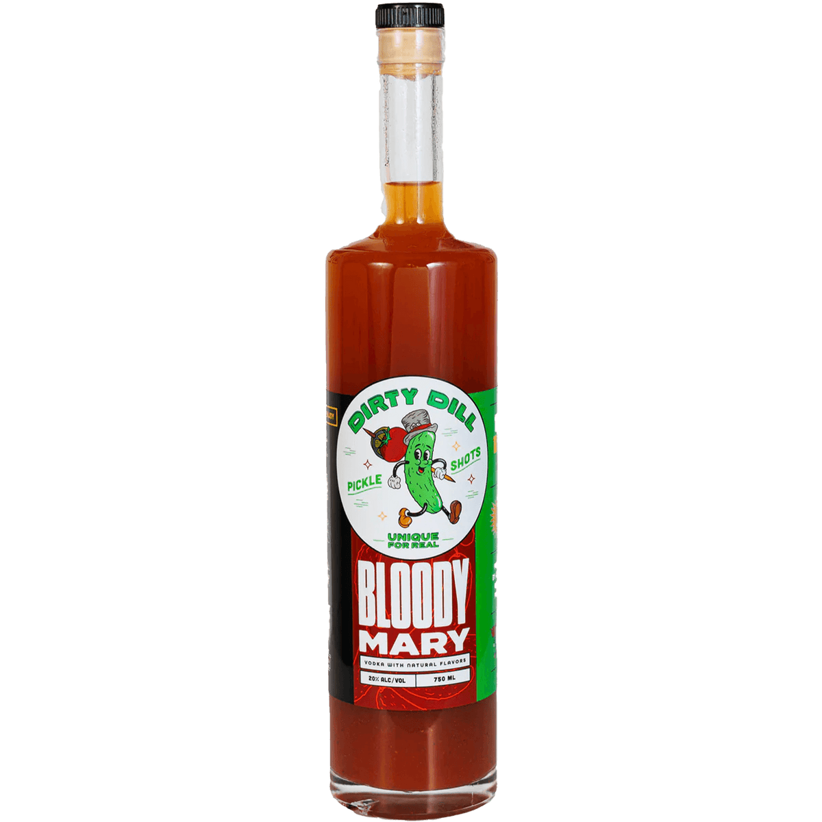 Bottle of Dirty Dill Bloody Mary cocktail with pickle flavor, perfect for bold and savory brunch drinks.