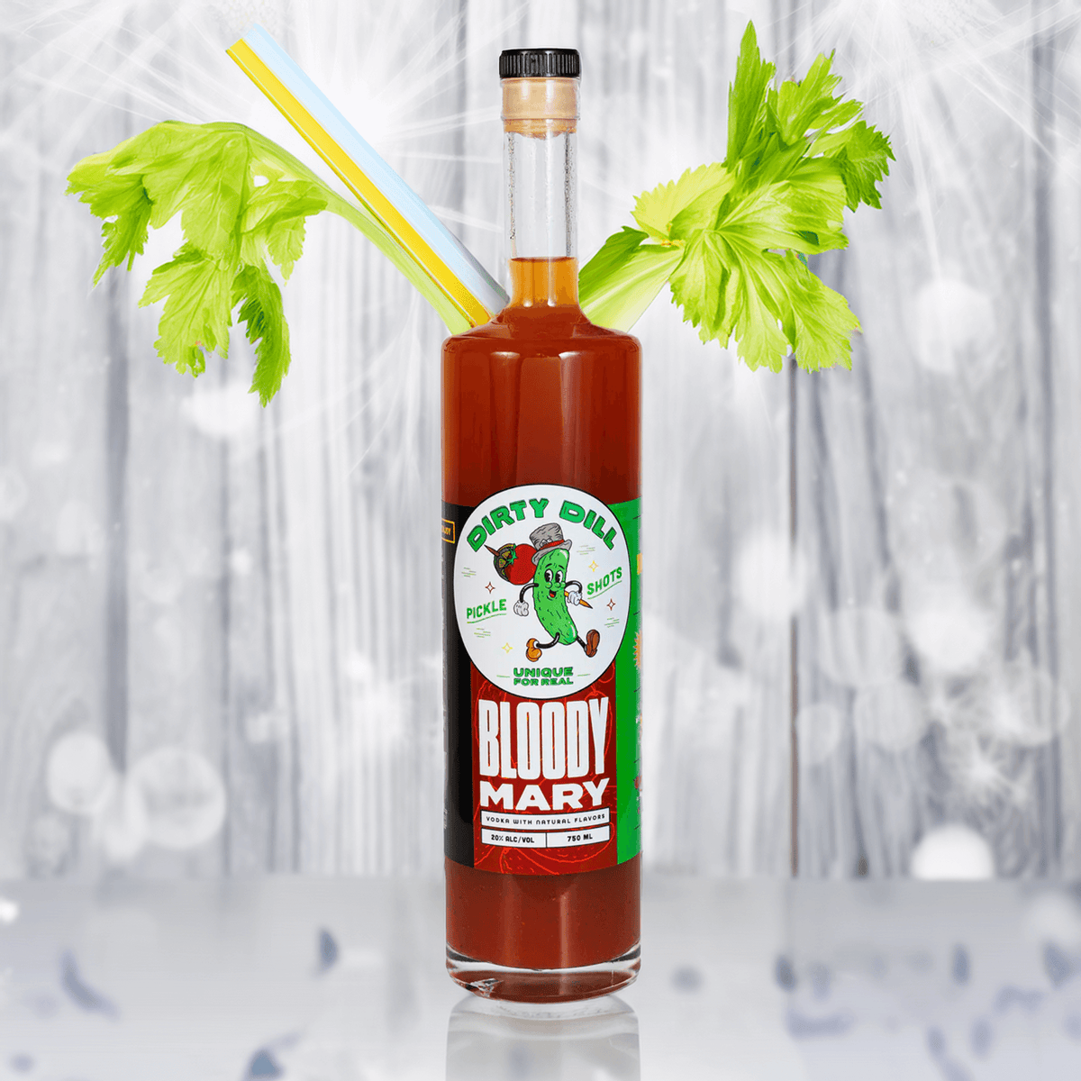 Bottle of Dirty Dill Bloody Mary cocktail with celery and colorful straws, perfect for spicy brunch drinks.