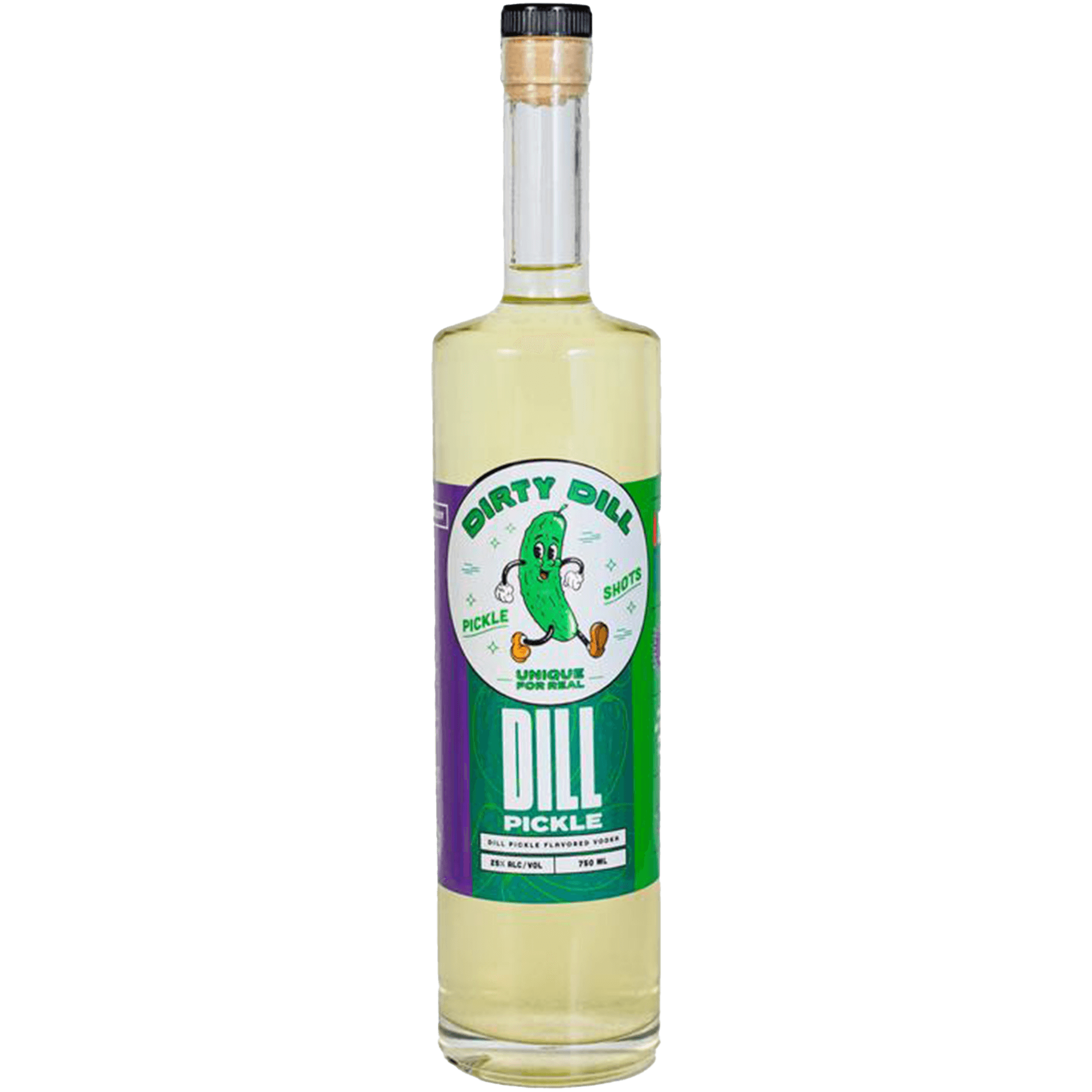 Dirty Dill Dill Pickle Vodka bottle showcasing a unique, briny spirit made with real pickle brine.
