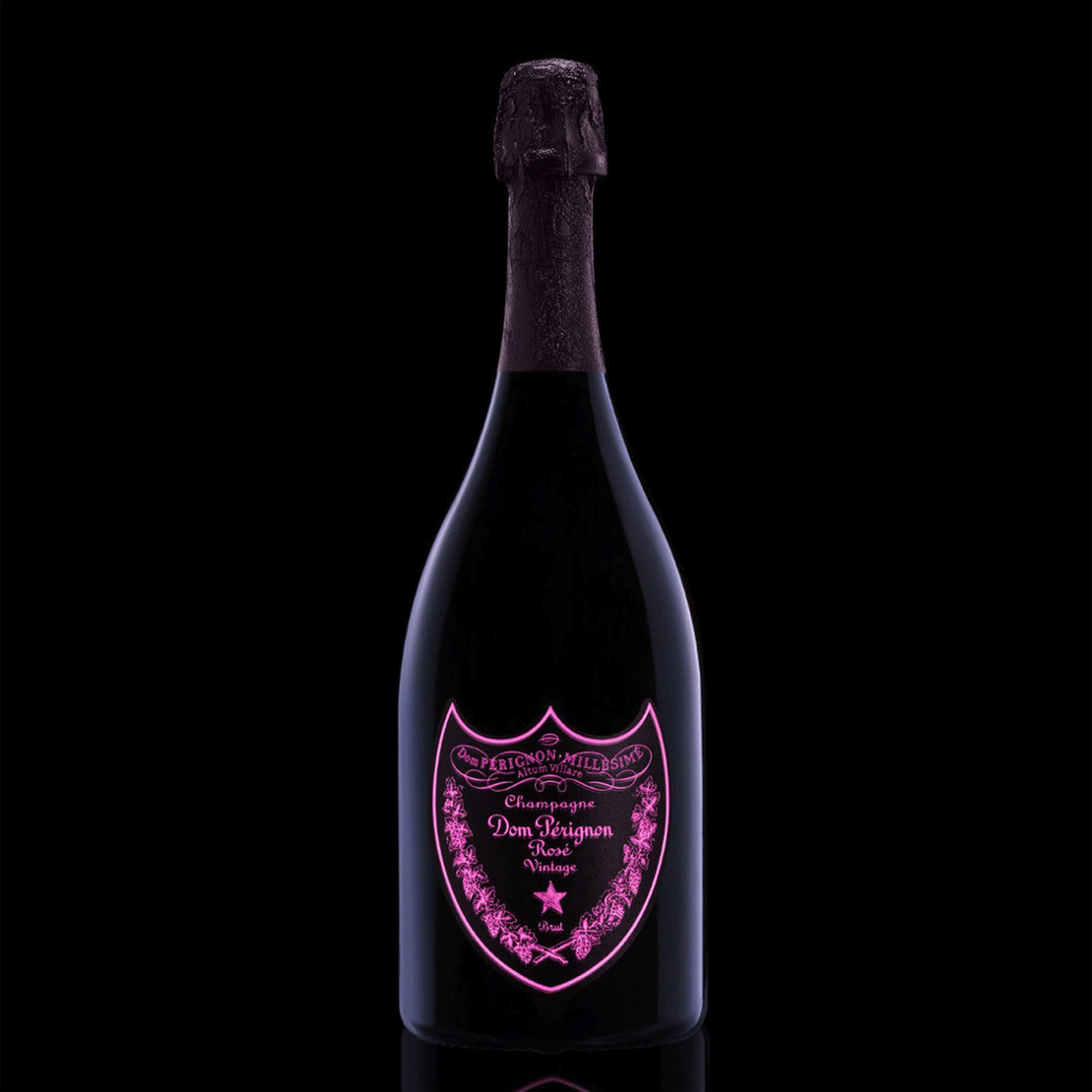 Dom Pérignon Rosé 2009 luminous bottle with pink label, showcasing vintage champagne elegance.