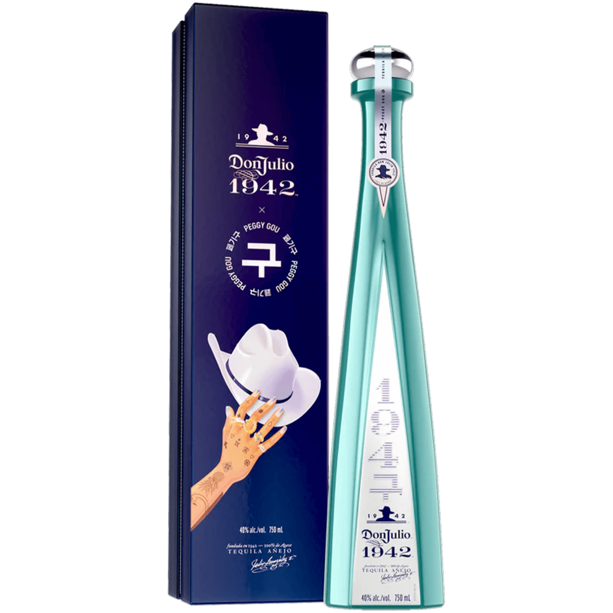 Limited-edition Don Julio 1942 tequila bottle with Peggy Gou's artistic design and elegant packaging.