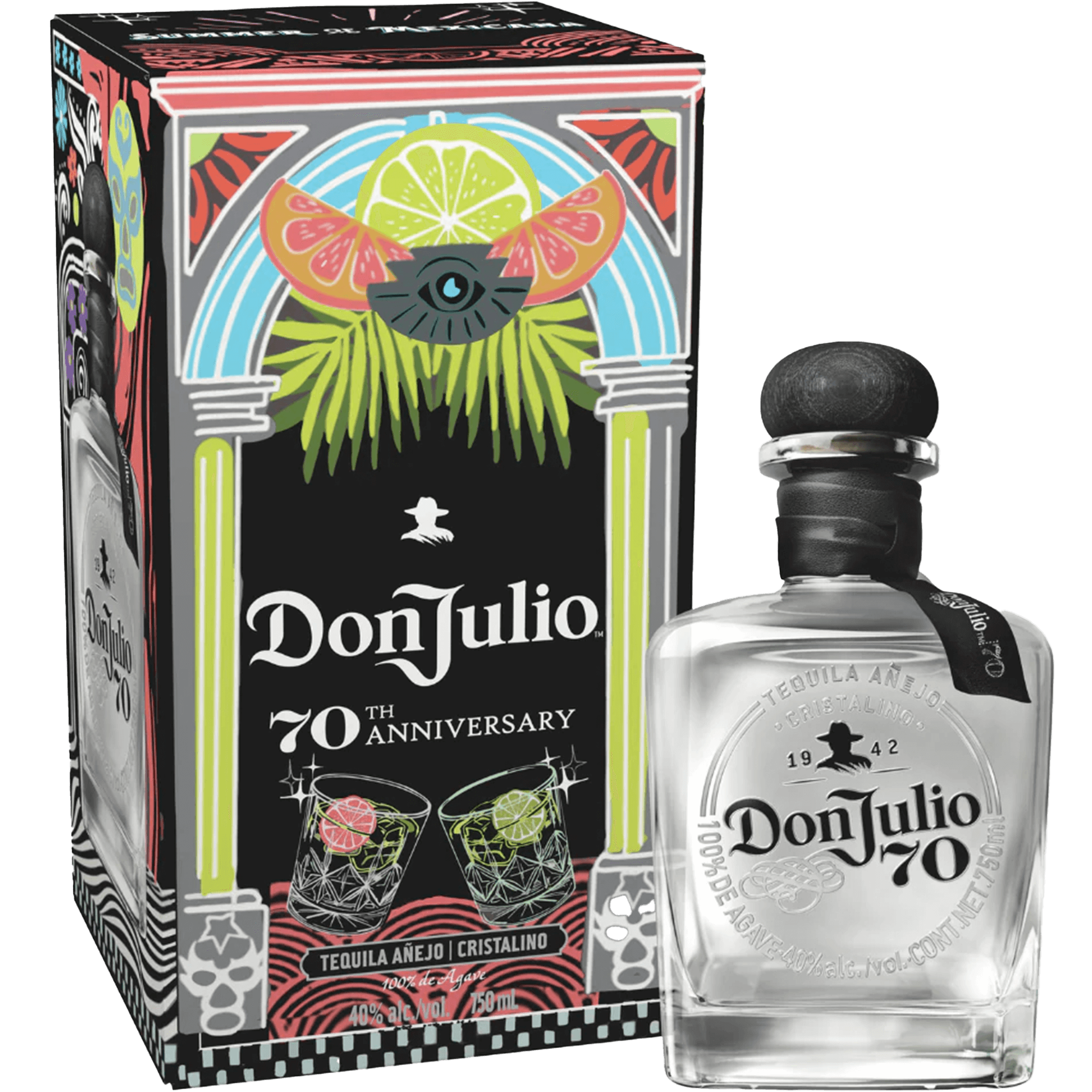 Don Julio 70 Cristalino Tequila bottle and box celebrating 70th anniversary of luxury tequila craftsmanship.