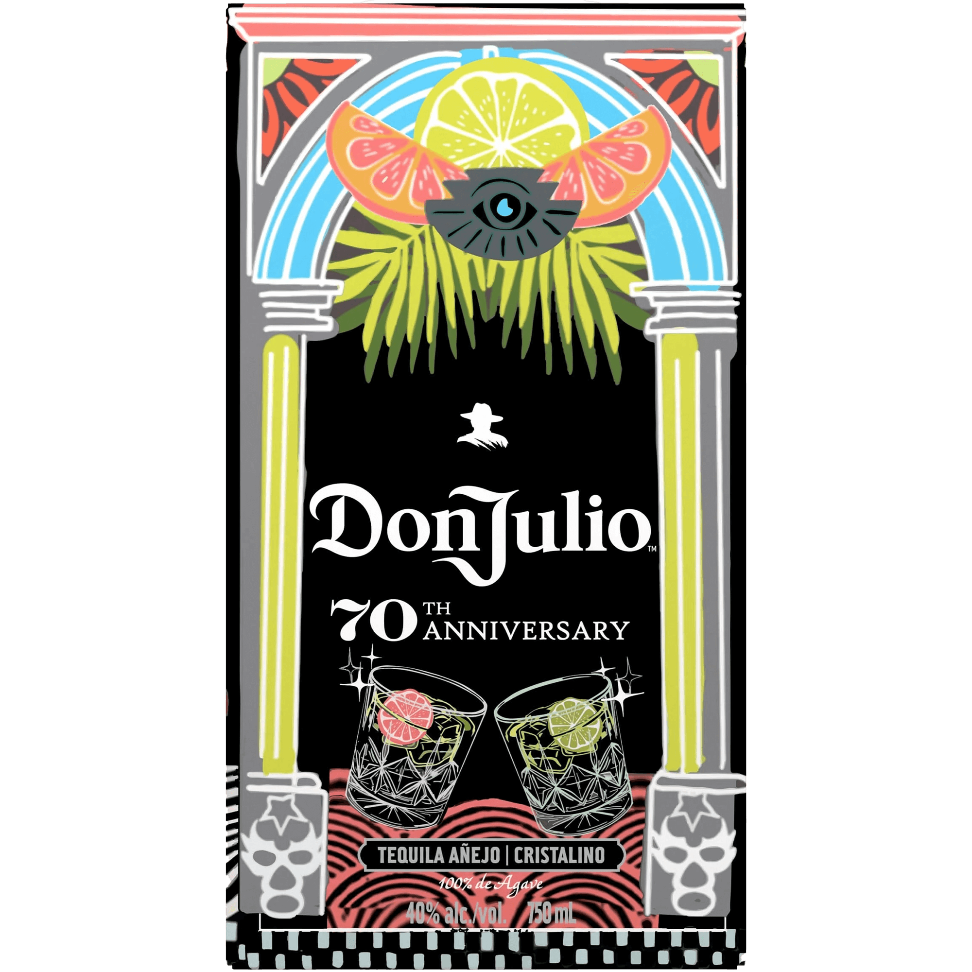 Don Julio 70 Cristalino Tequila bottle design celebrating 70th anniversary with colorful elements and cocktail glasses.