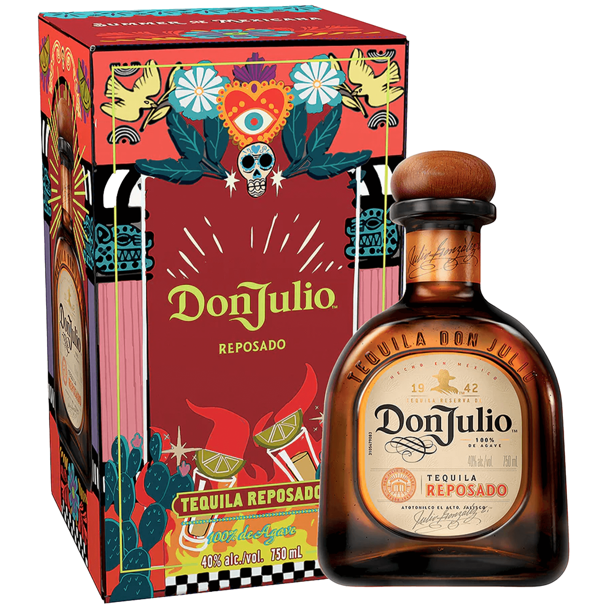 Don Julio Summer of Mexicana Reposado Tequila bottle and colorful packaging with vibrant designs.