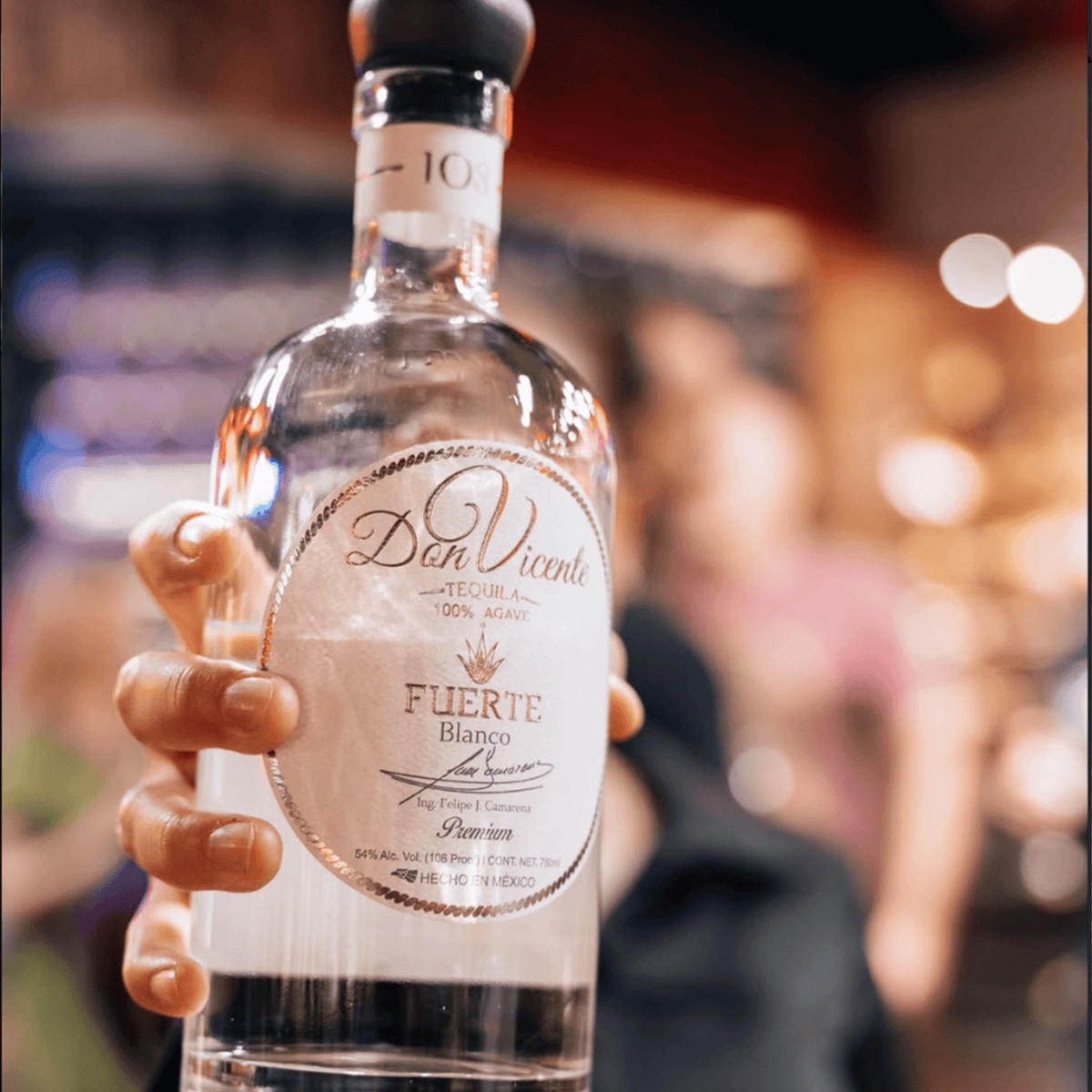 Don Vicente Fuerte Blanco Tequila bottle showcasing artisanal craftsmanship and rich agave flavor.