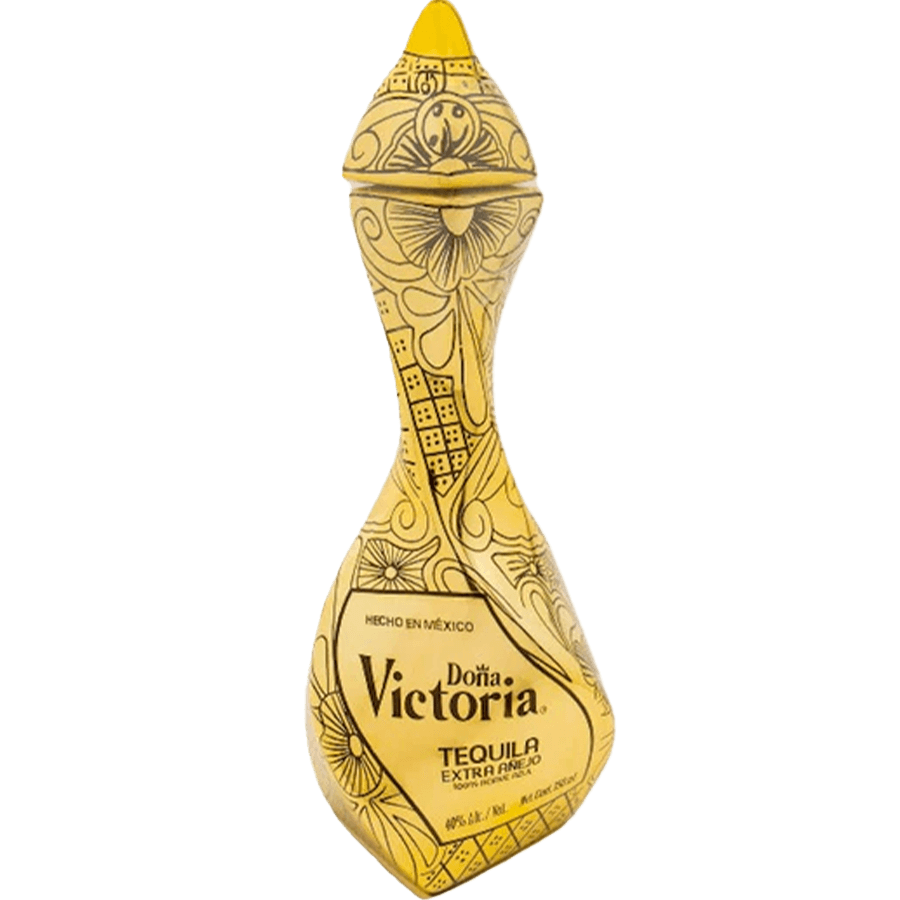 Doña Victoria Extra Añejo Gold Tequila bottle showcasing intricate design and rich heritage.