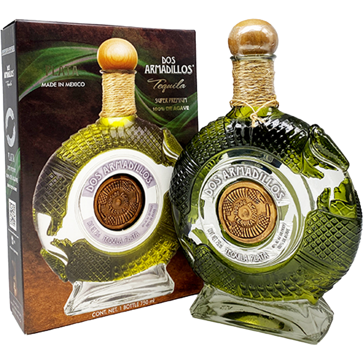 Dos Armadillos Plata Tequila in a handcrafted crystal bottle with green tint and artisanal medallion, presented with packaging.