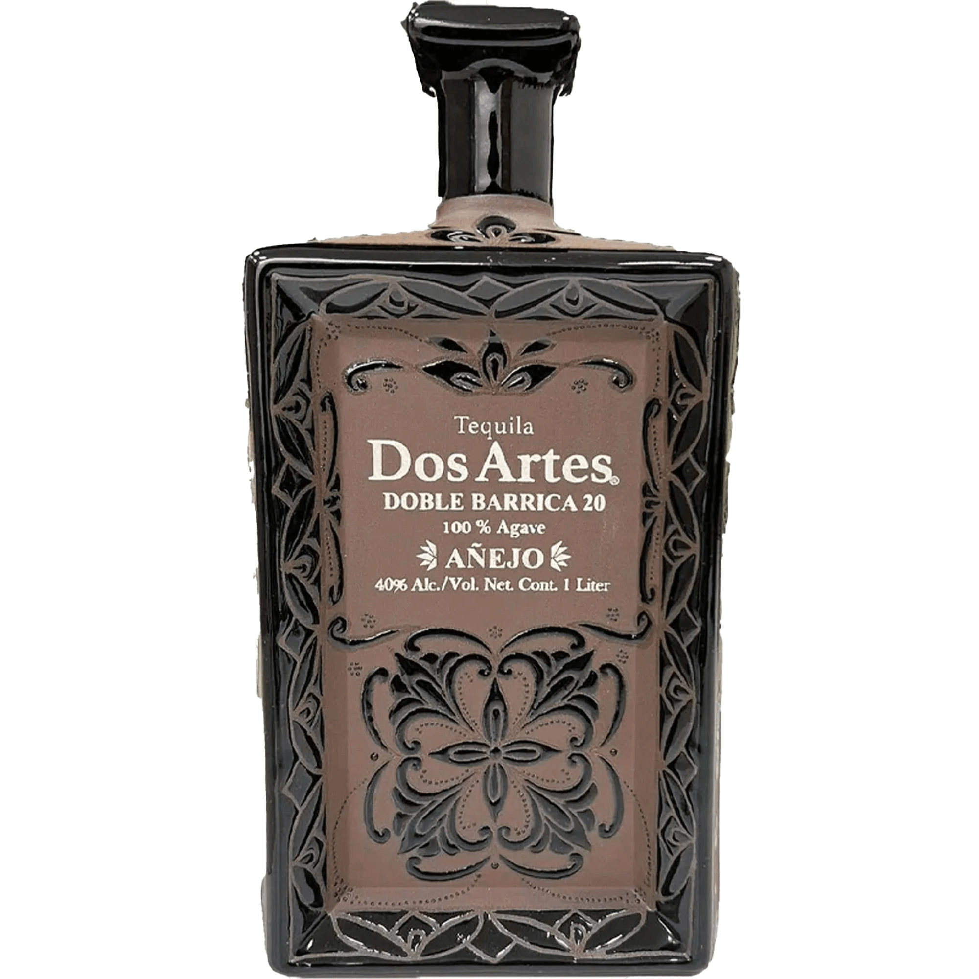 Dos Artes Doble Barrica 20 Añejo 1L tequila bottle with intricate design and label.