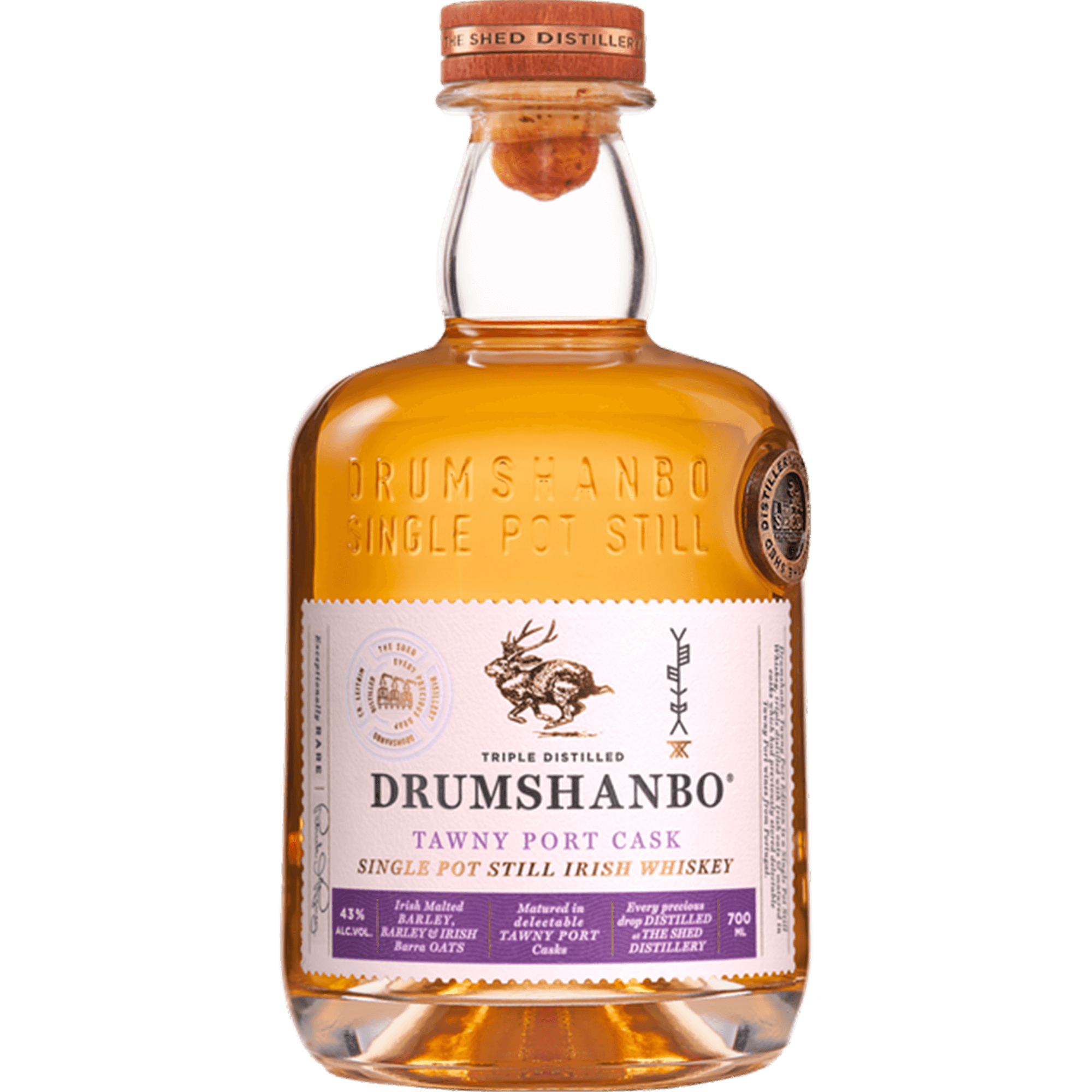 Bottle of Drumshanbo Tawny Port Cask Single Pot Still Irish Whiskey, 700ml, featuring rich flavors and unique craftsmanship.