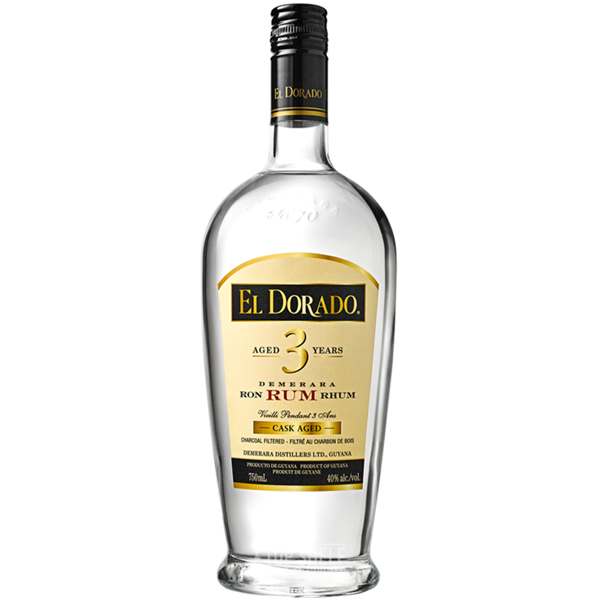 Bottle of El Dorado 3 Year Demerara Cask Aged Rum, smooth spirit ideal for cocktails, 80 proof.