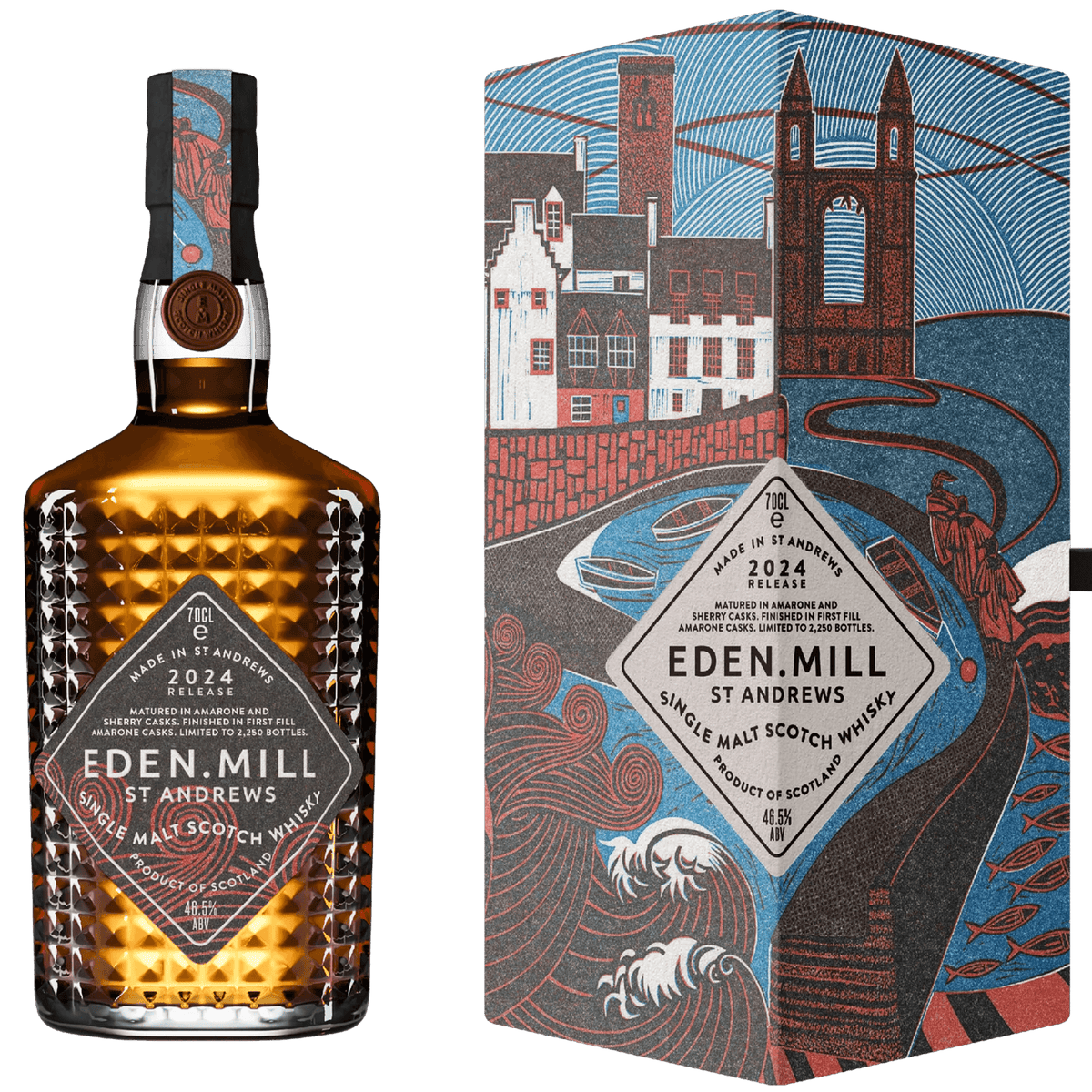 Eden Mill Art of St. Andrews 2024 Single Malt whisky bottle with decorative box showcasing rich design.
