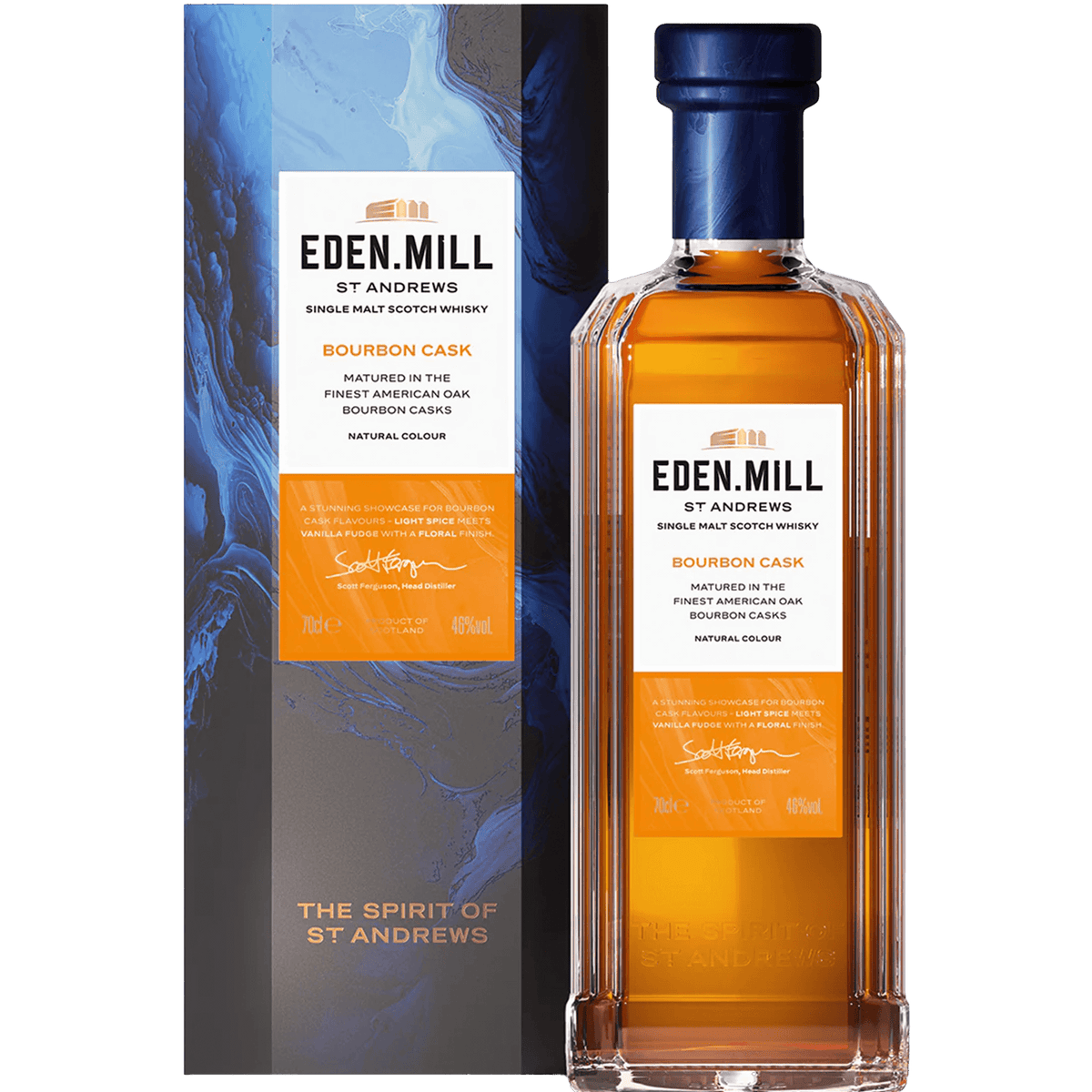 Eden Mill Bourbon Cask Single Malt Scotch 700ml in a box, showcasing its golden color and unique bottle design.