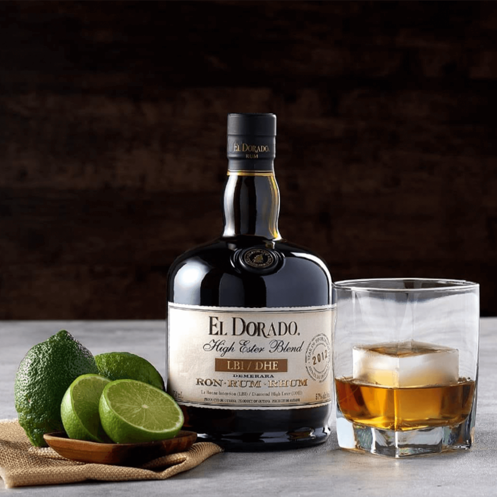 El Dorado High Ester Blend LBI DHE Rum 2012 with lime and cocktail glass, perfect for mixing cocktails.