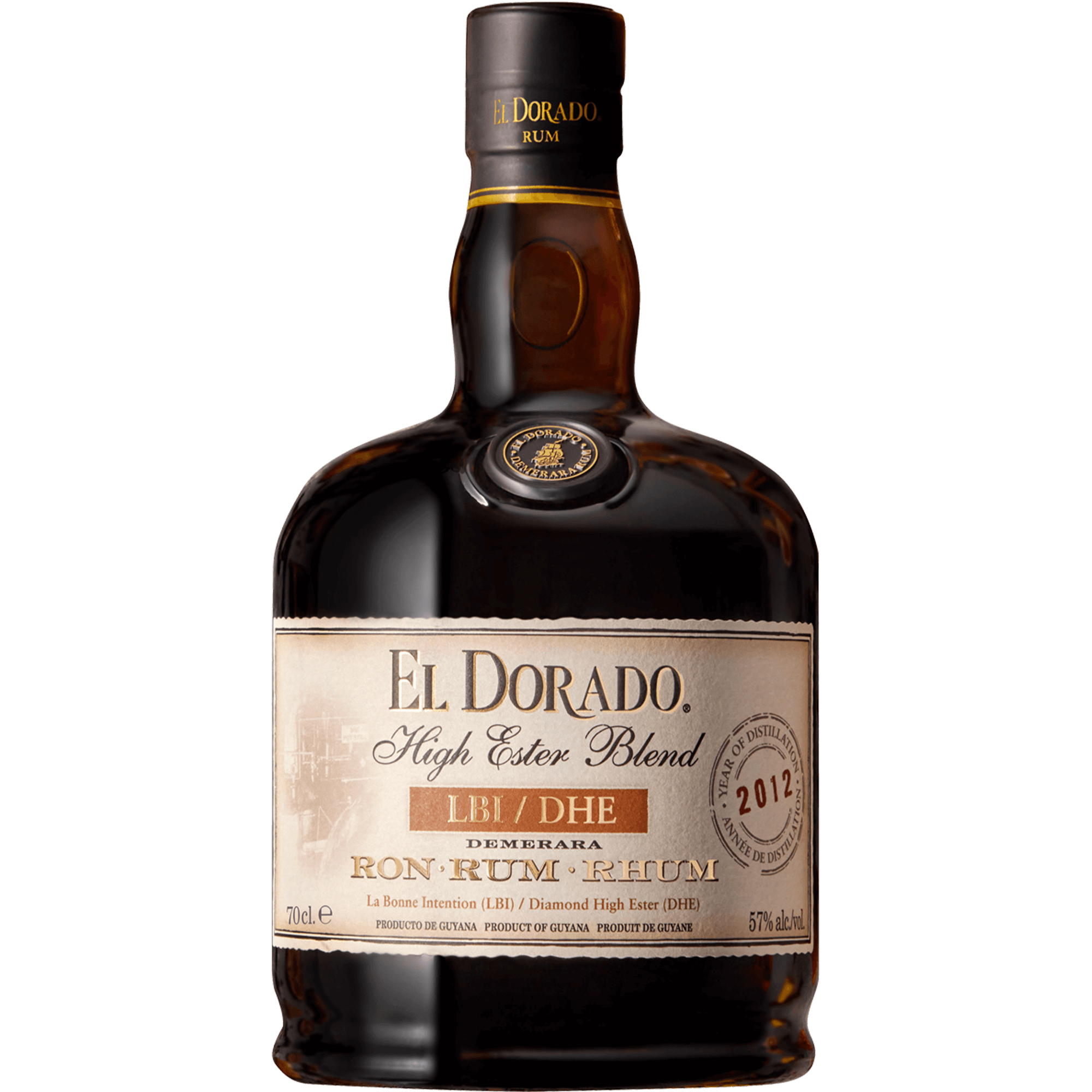 El Dorado High Ester Blend LBI DHE Rum 2012 bottle, showcasing rich flavors ideal for cocktails.