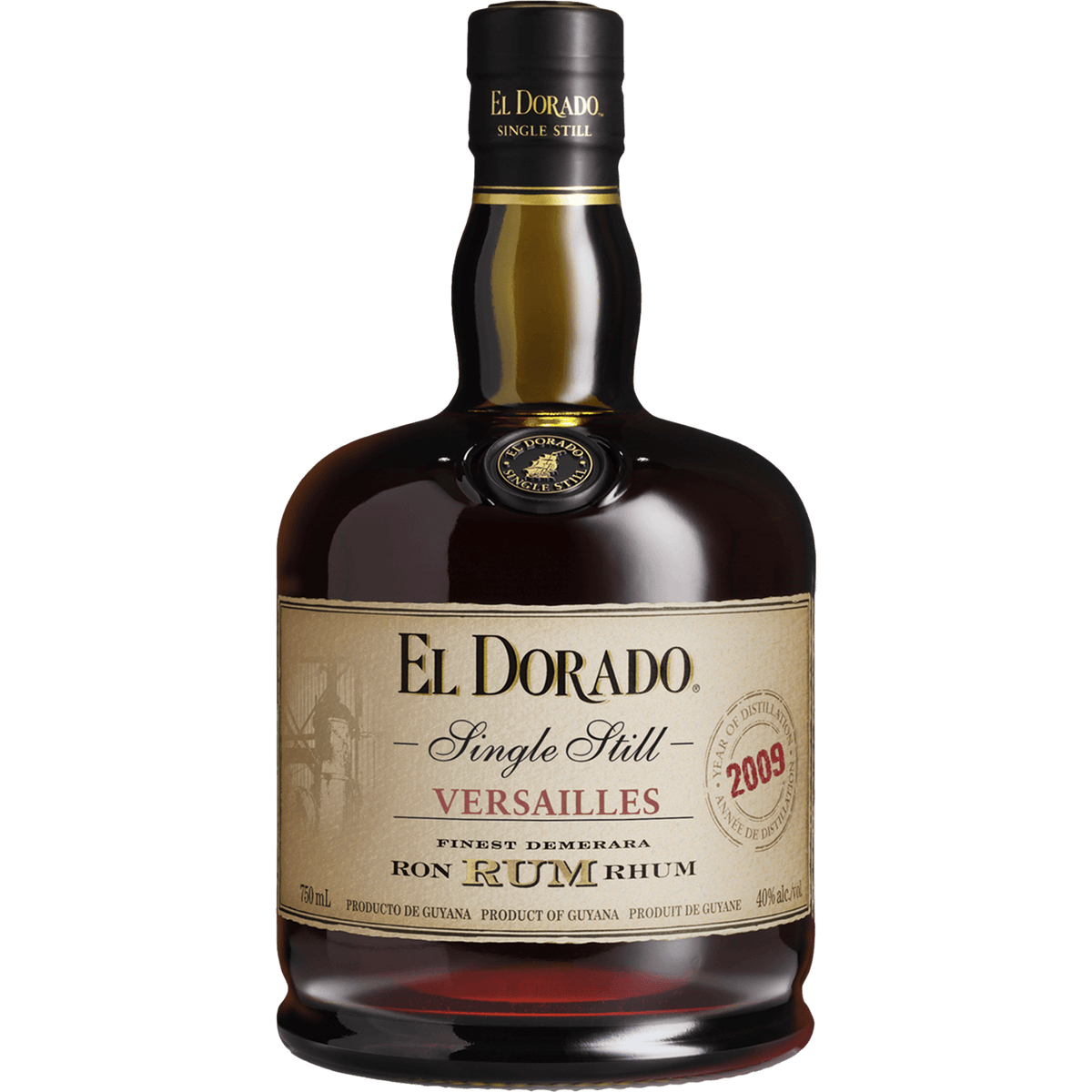 El Dorado Single Still Versailles 2009 rum bottle featuring rich caramel color and smooth chocolatey notes, 80 proof.