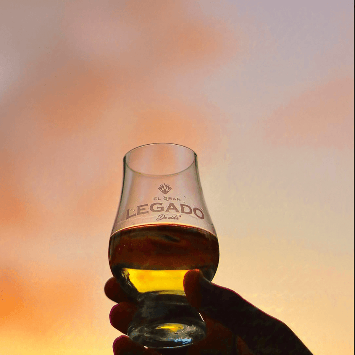El Gran Legado Añejo Tequila in a glass, held against a colorful sunset backdrop.