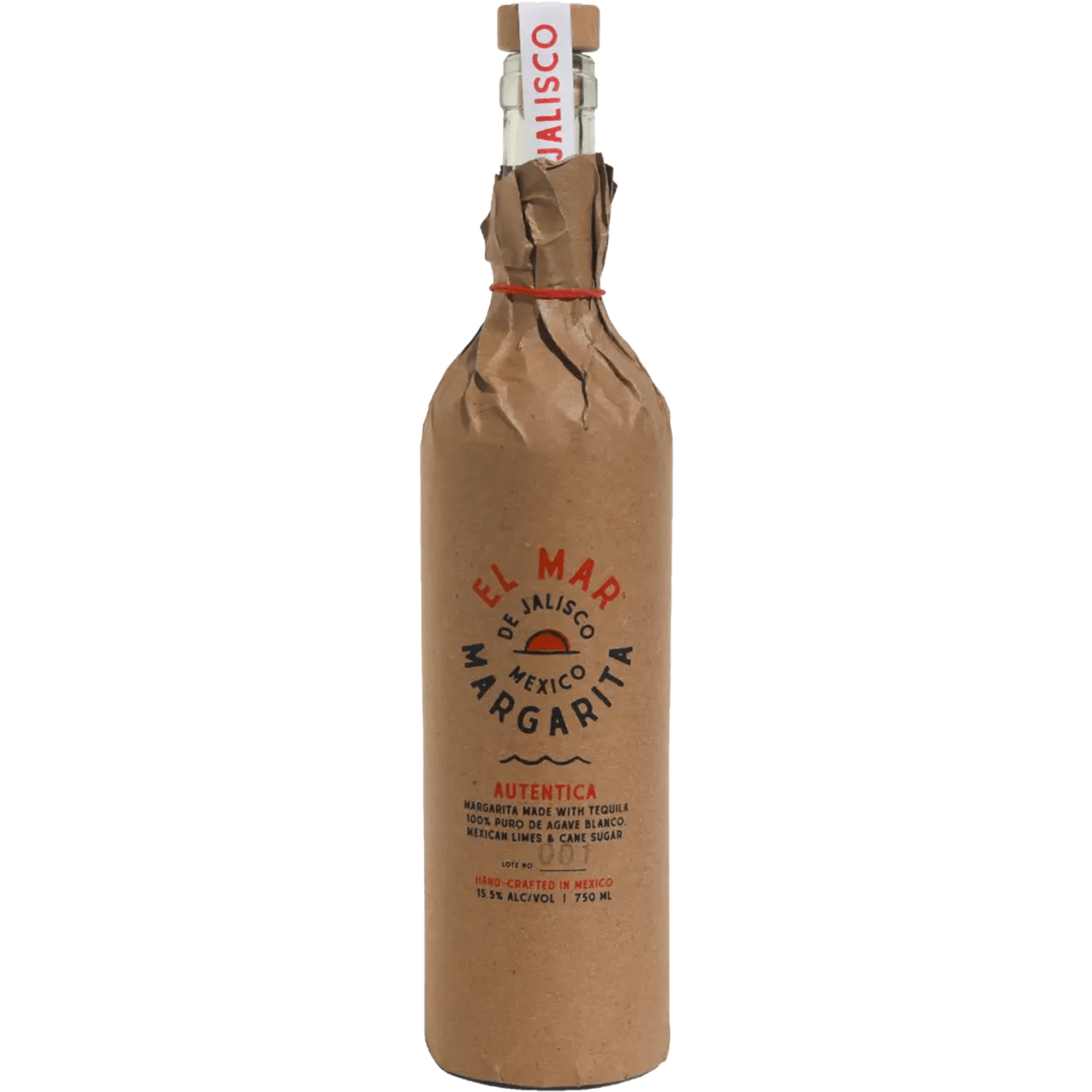 El Mar Margarita bottle wrapped in brown paper, featuring 100% agave tequila, Mexican limes, and cane sugar.