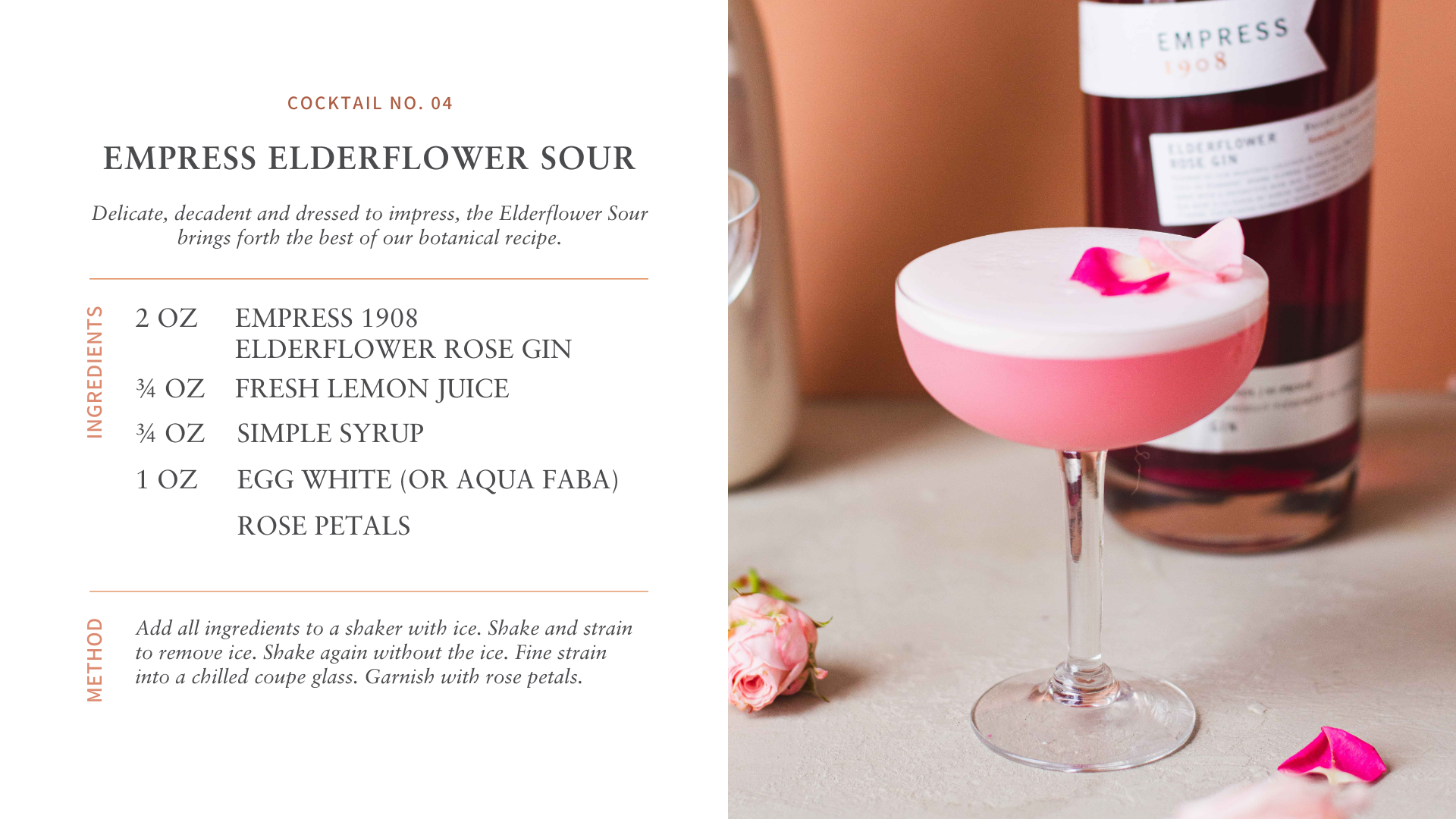 Empress Elderflower Sour cocktail featuring Empress 1908 Elderflower Rose Gin, fresh lemon juice, and rose petals.