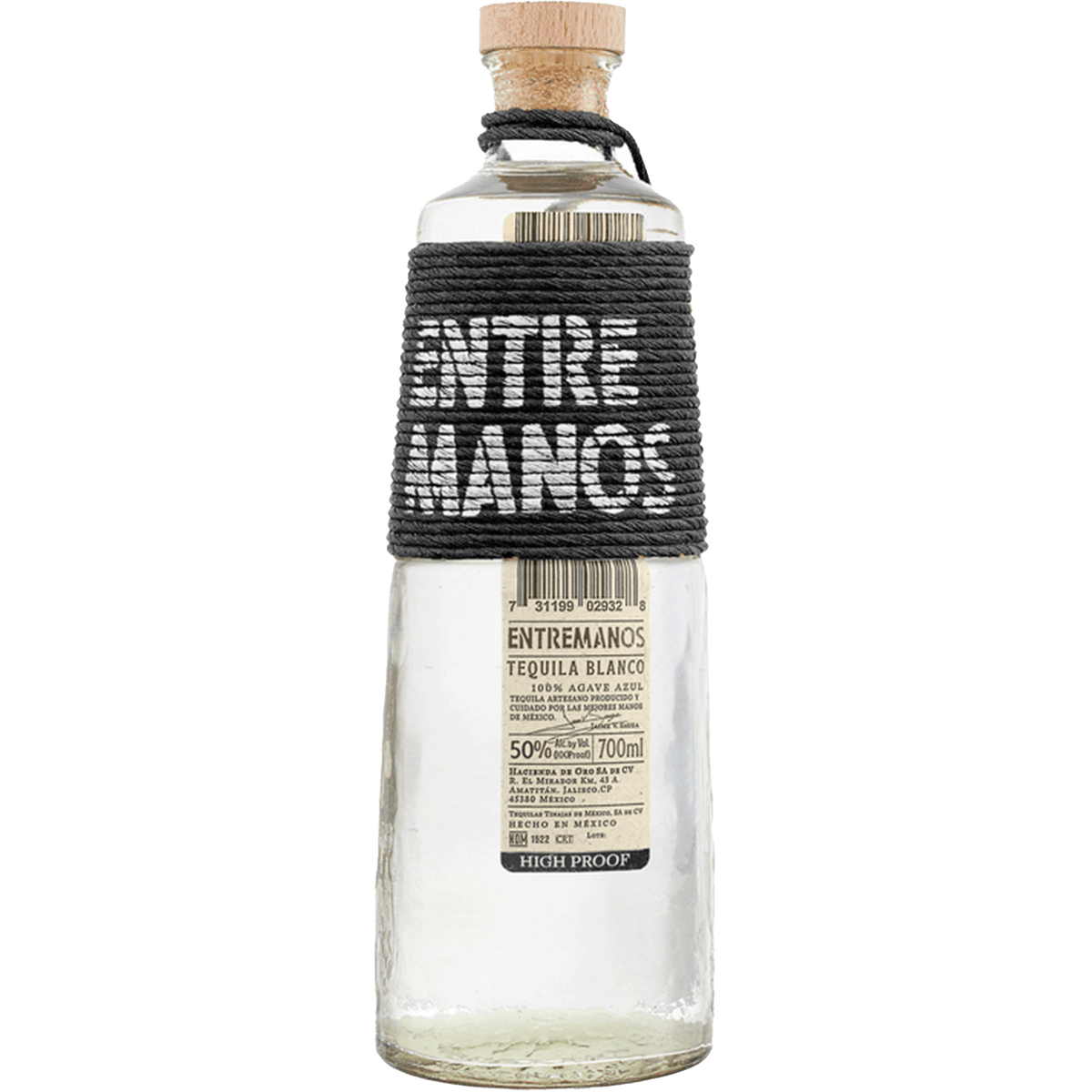 Entremanos High Proof Blanco Tequila 700ml bottle with unique packaging showcasing traditional tequila craftsmanship.