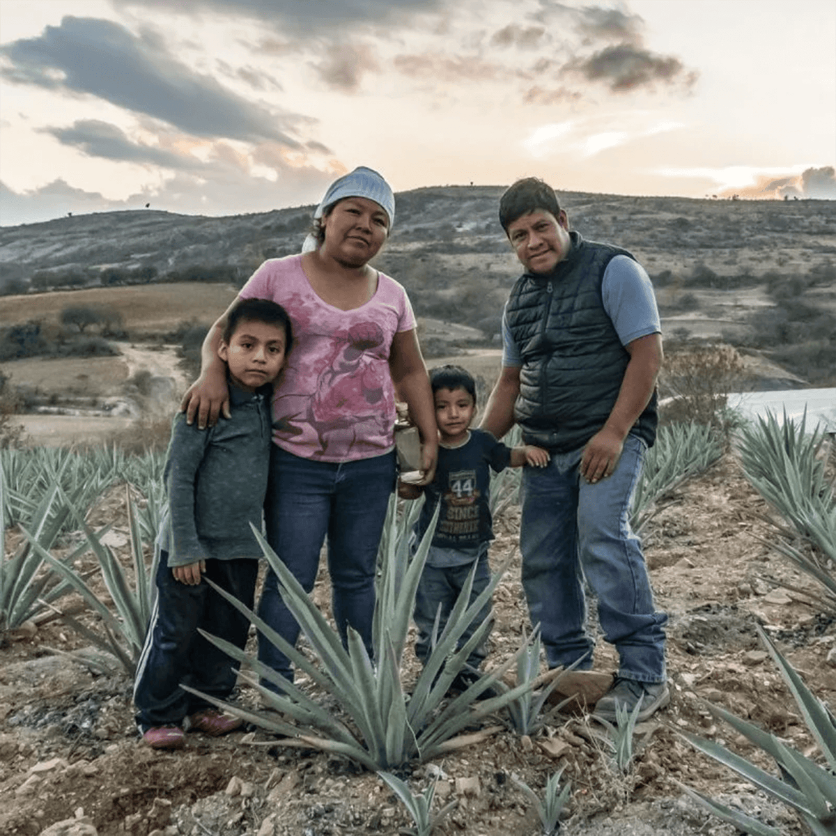 Family standing among agave plants at sunset, representing Oaxacan mezcal traditions.