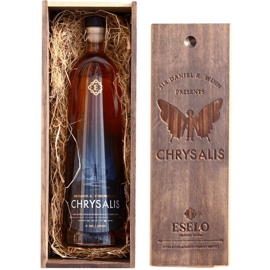 Eselo Chrysalis Single Barrel Straight Bourbon in a wooden box with intricate detailing and presentation.