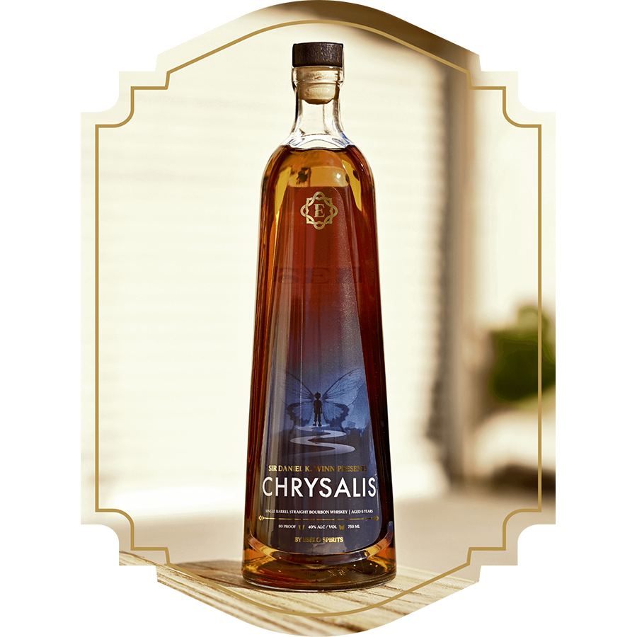 Eselo Chrysalis Single Barrel Straight Bourbon bottle featuring artwork by Sir Daniel K. Winn.