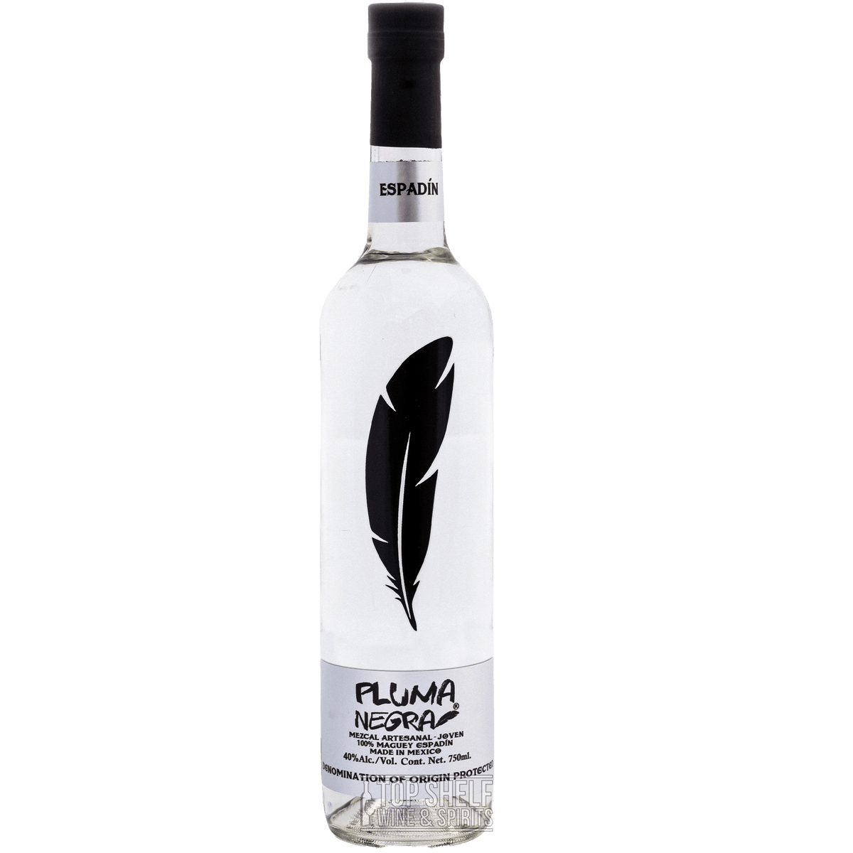 Bottle of Pluma Negra Espadin Silver Mezcal, showcasing its traditional Oaxaca craftsmanship.