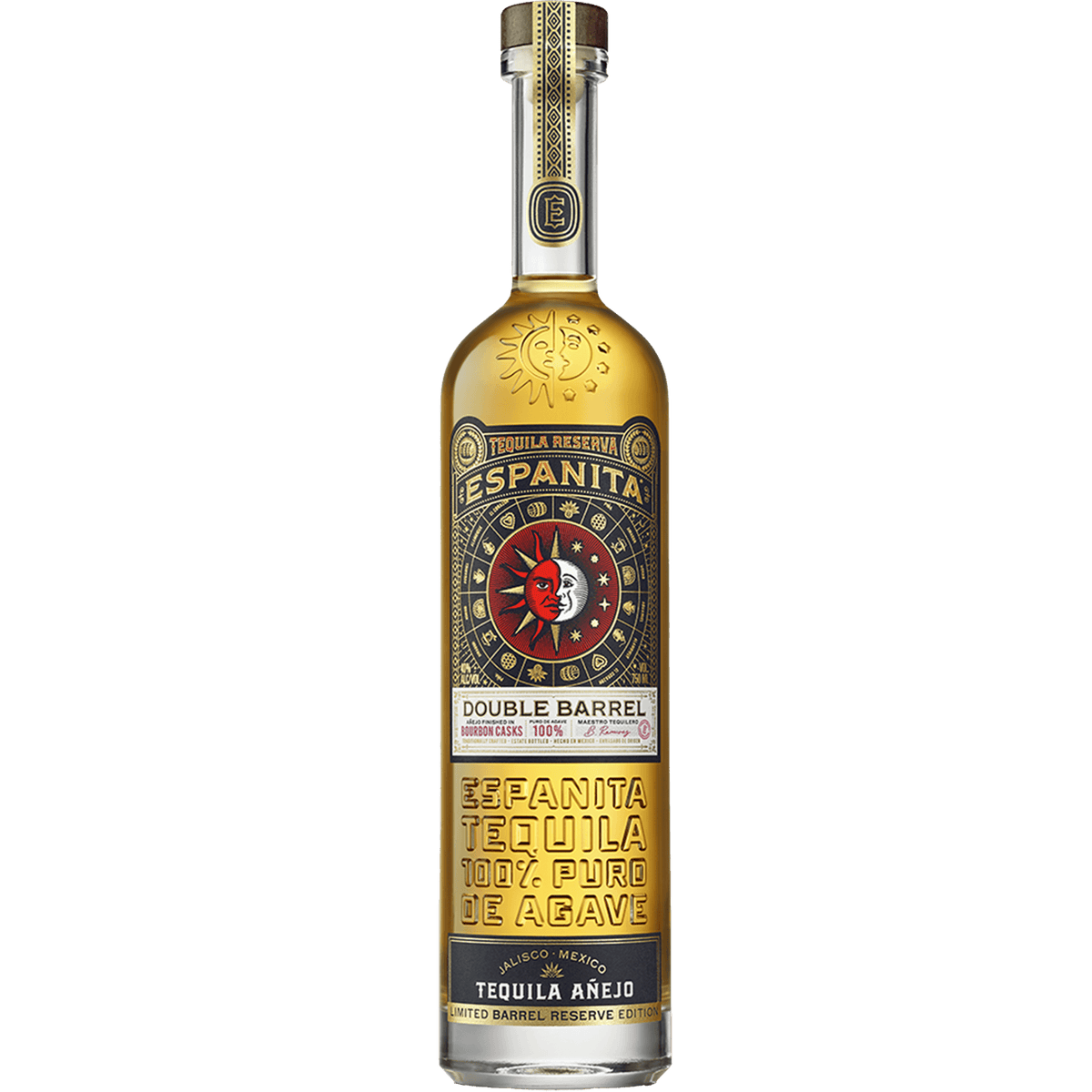 Espanita Double Barrel Añejo Tequila bottle with rich amber hue and decorative label design.