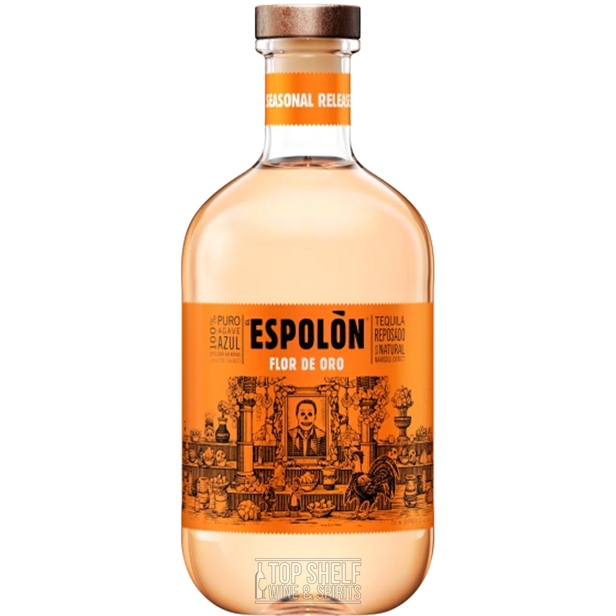 Espolón Flor de Oro Reposado Tequila bottle showcasing marigold flavor essence and Día de Los Muertos theme.