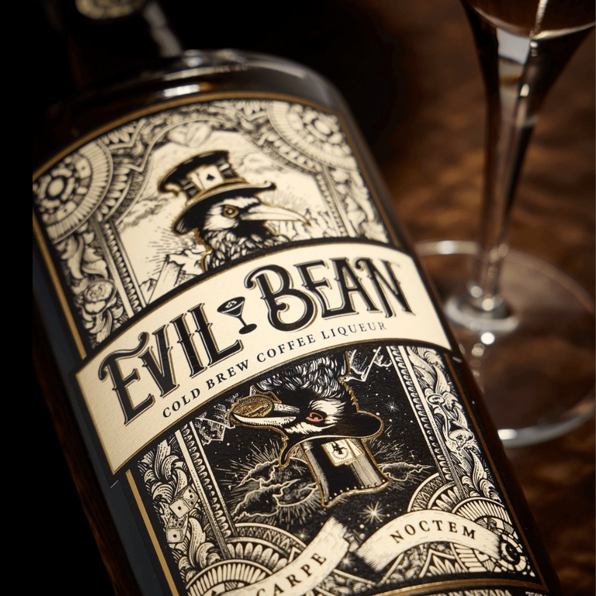 Evil Bean Cold Brew Coffee Liqueur bottle featuring intricate design and bold branding.