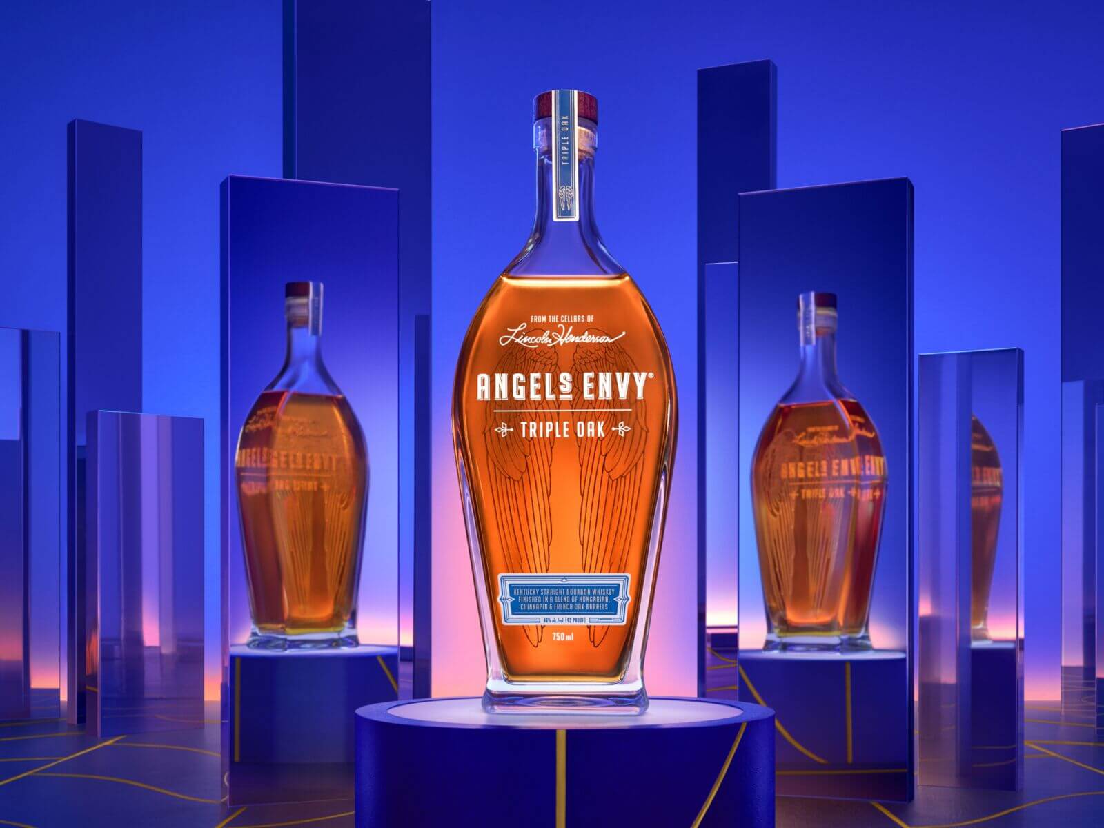 Angel's Envy Triple Oak Kentucky Straight Bourbon bottle on a stylish display, featuring vibrant blue lighting and elegant design.