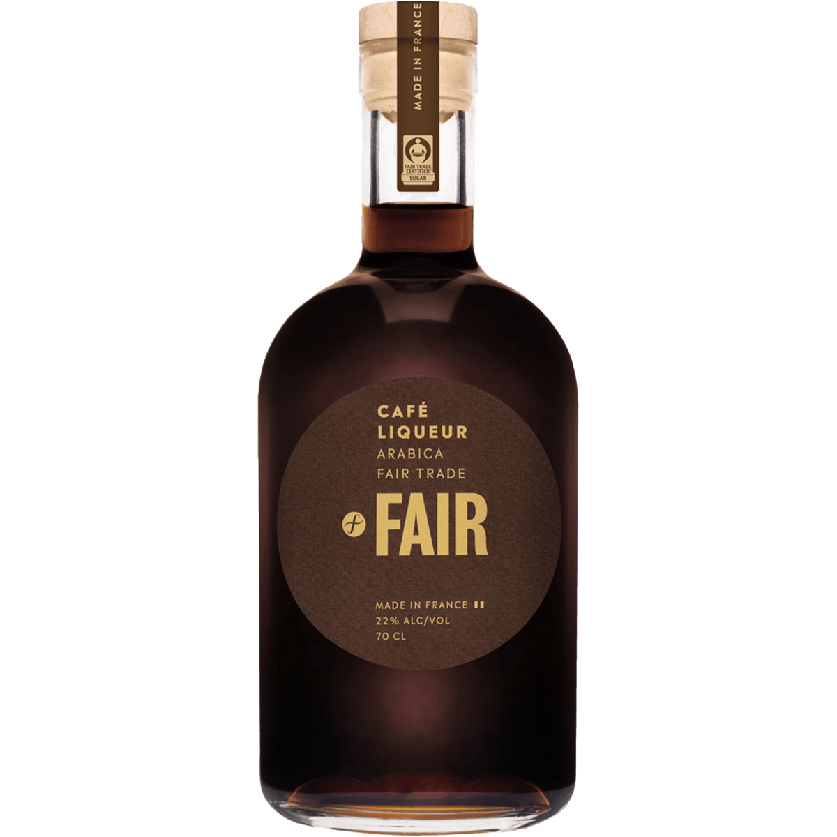 Fair Café Liqueur 700ml bottle featuring 100% Arabica coffee, made in France, 22% ABV, and Fair Trade certified.