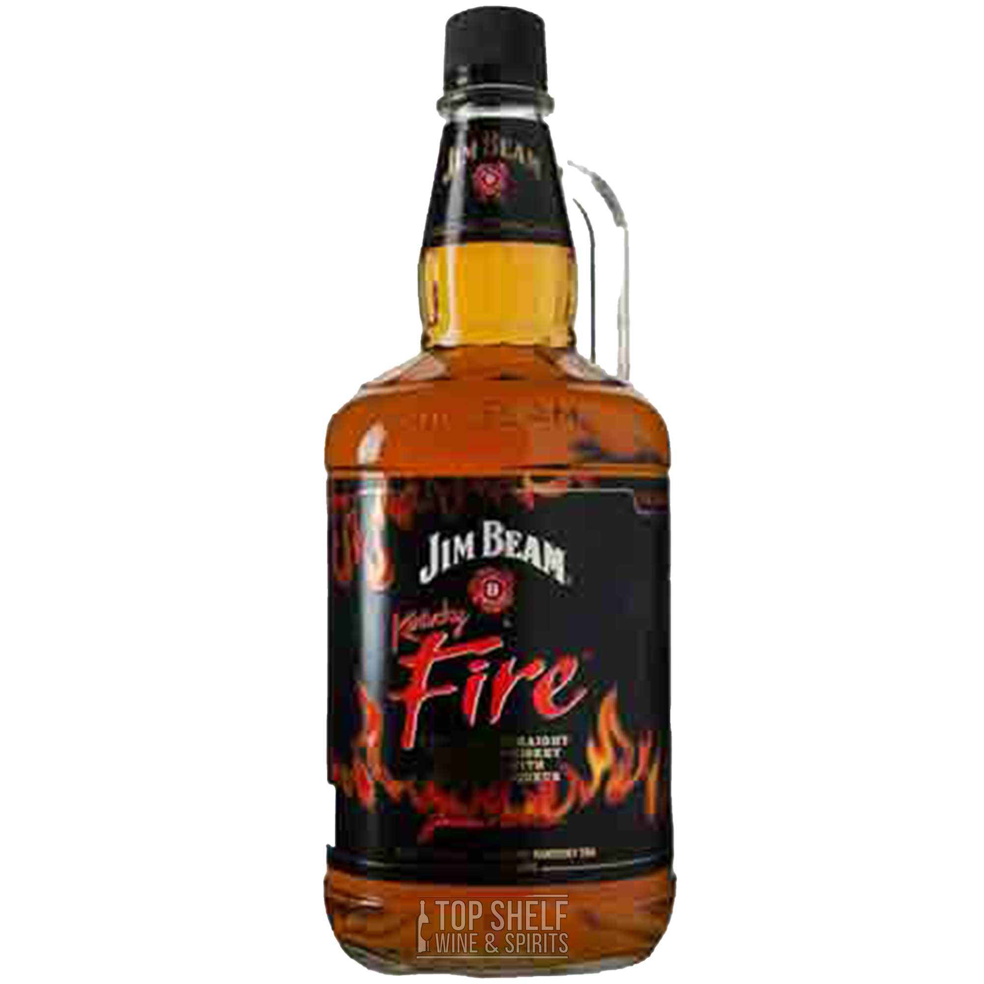 Jim Beam Kentucky Fire Flavored Bourbon 1.75L bottle, featuring cinnamon spice and smooth bourbon.