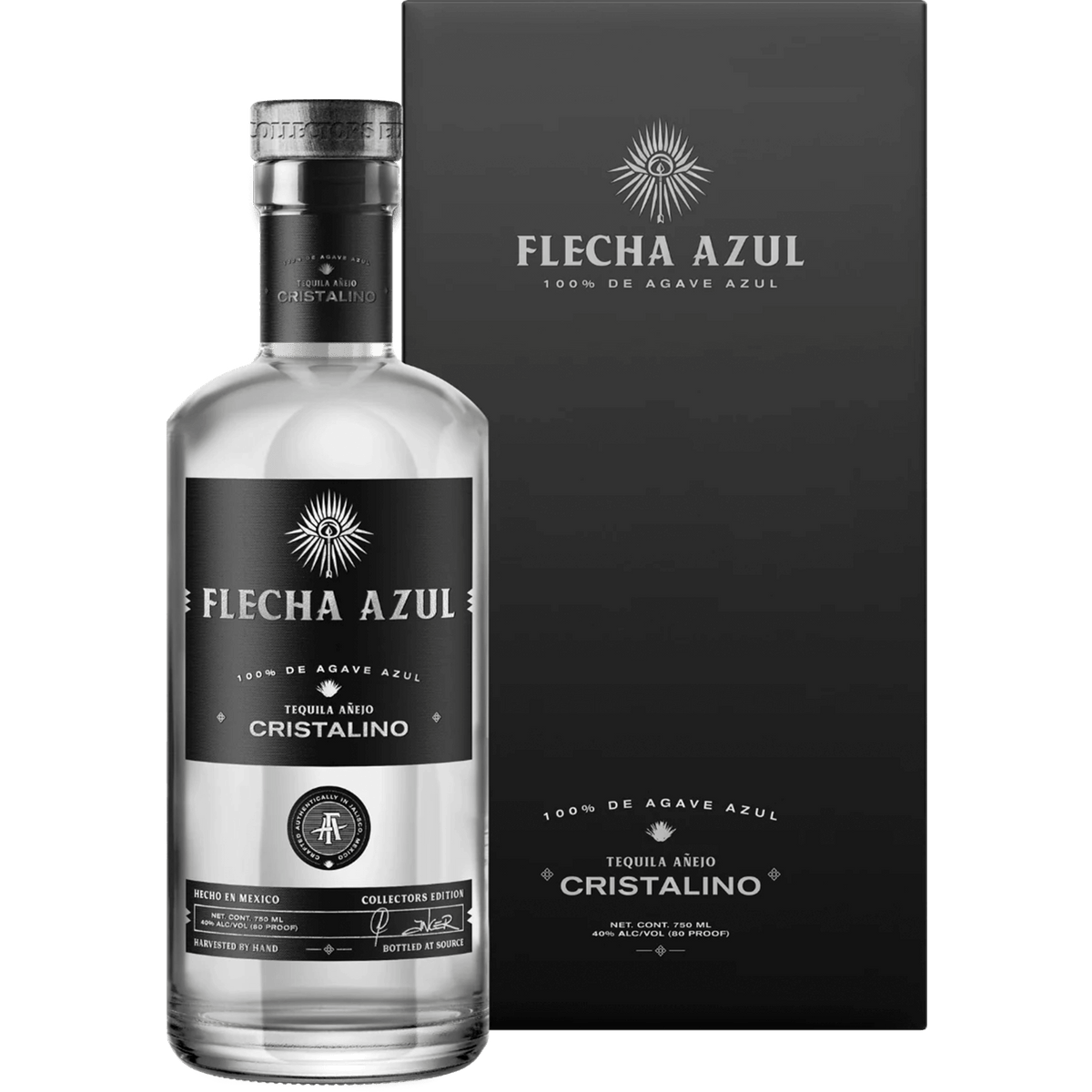 Flecha Azul Tequila Añejo Cristalino bottle with box, showcasing a premium triple-filtered tequila.