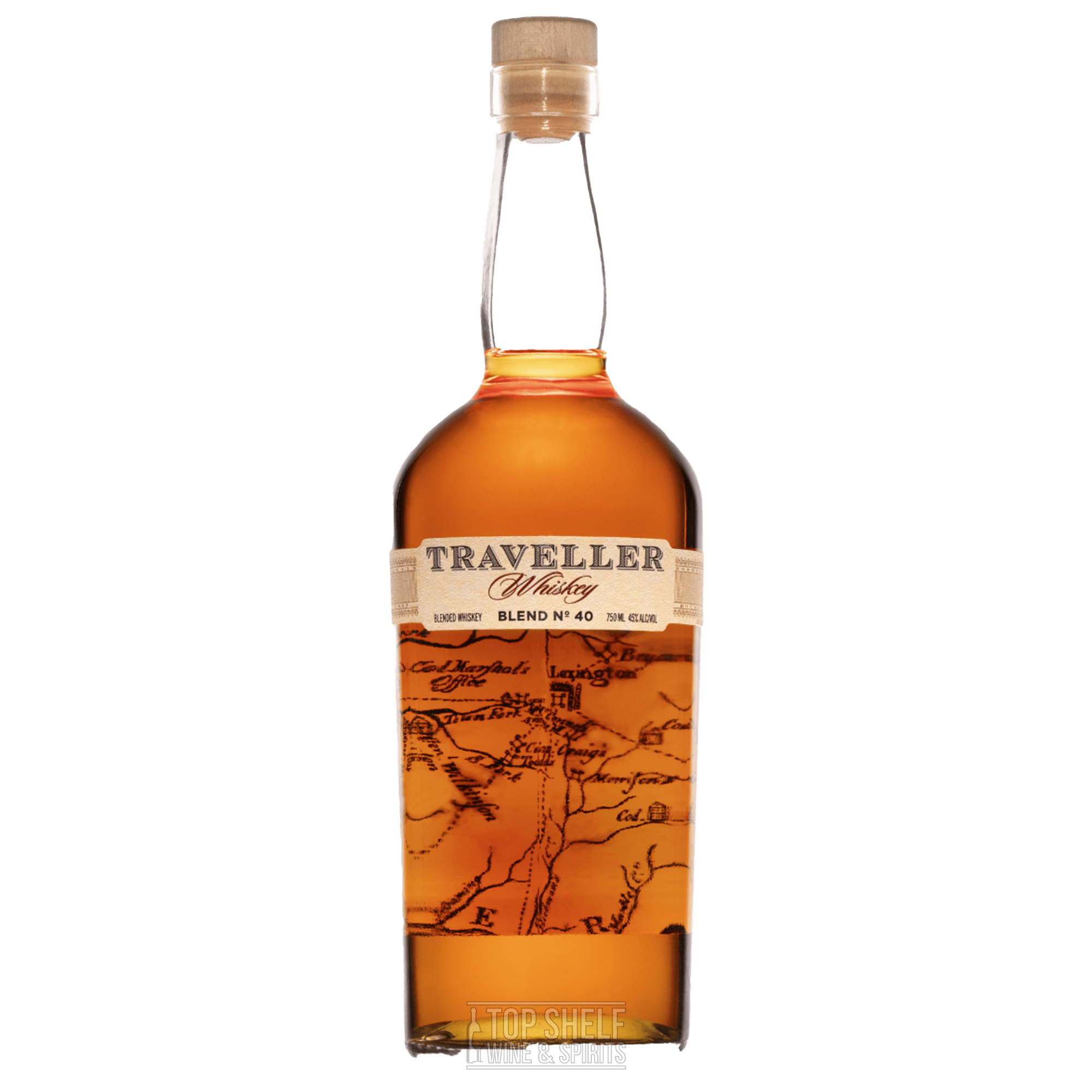 Traveller Whiskey Blend No. 40 bottle, showcasing its unique design and rich amber color.