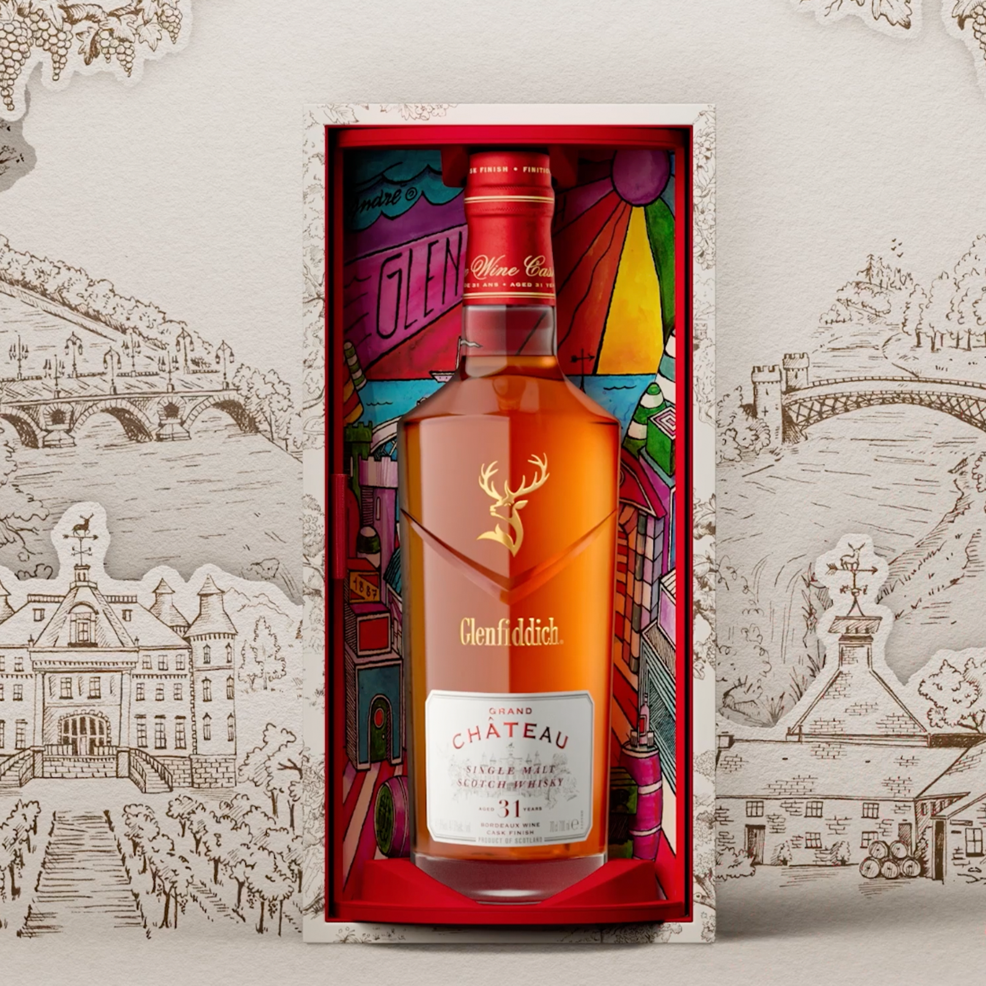 Glenfiddich Grand Château 31 Year Single Malt Scotch in decorative box, showcasing vibrant red wine cask influence.