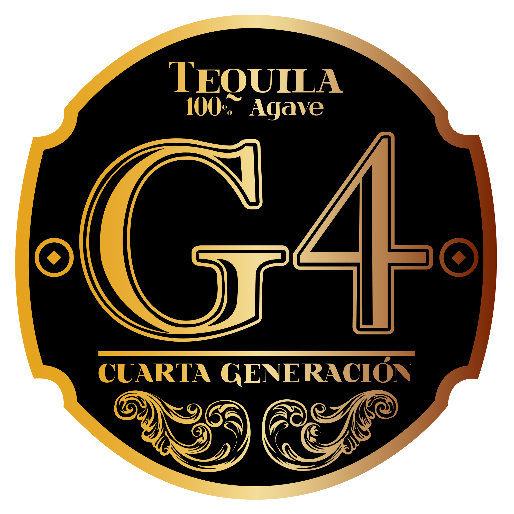 G4 Blanco 108 Proof Tequila logo, black and gold design, featuring 100% agave and Cuarta Generación text.
