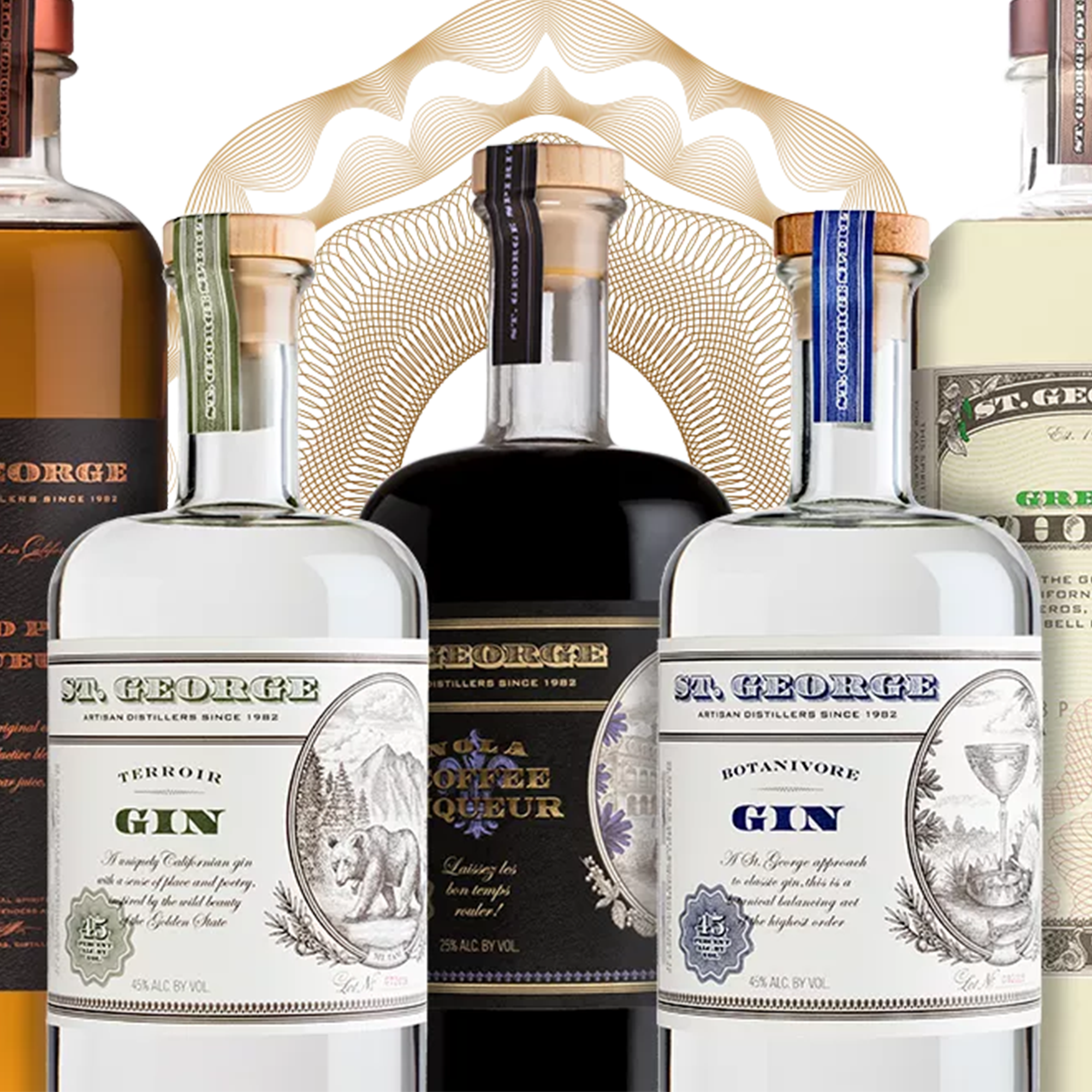 Assorted St. George gins and liqueurs including Terroir and Botaniq, showcasing unique flavors and craftsmanship.