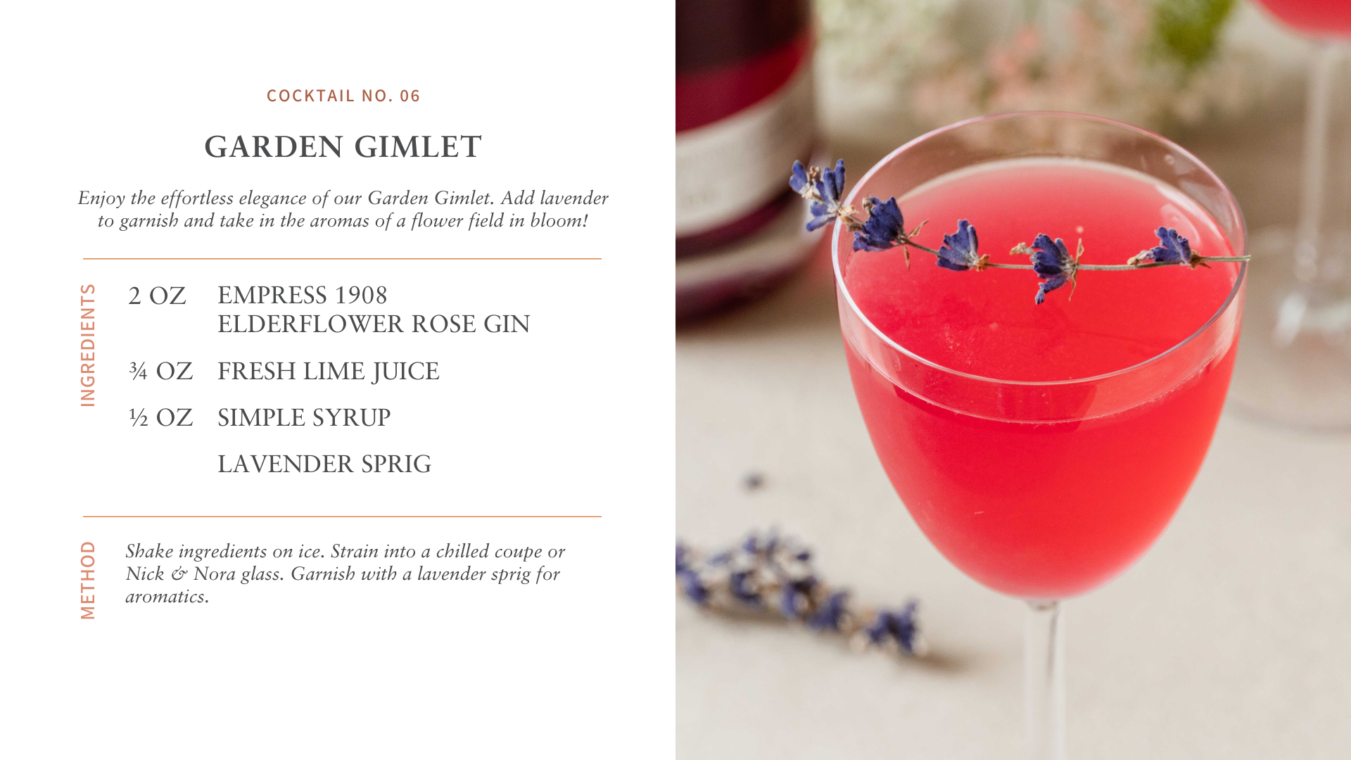 Beautiful Garden Gimlet cocktail featuring Empress 1908 Elderflower Rose Gin, garnished with lavender sprig.
