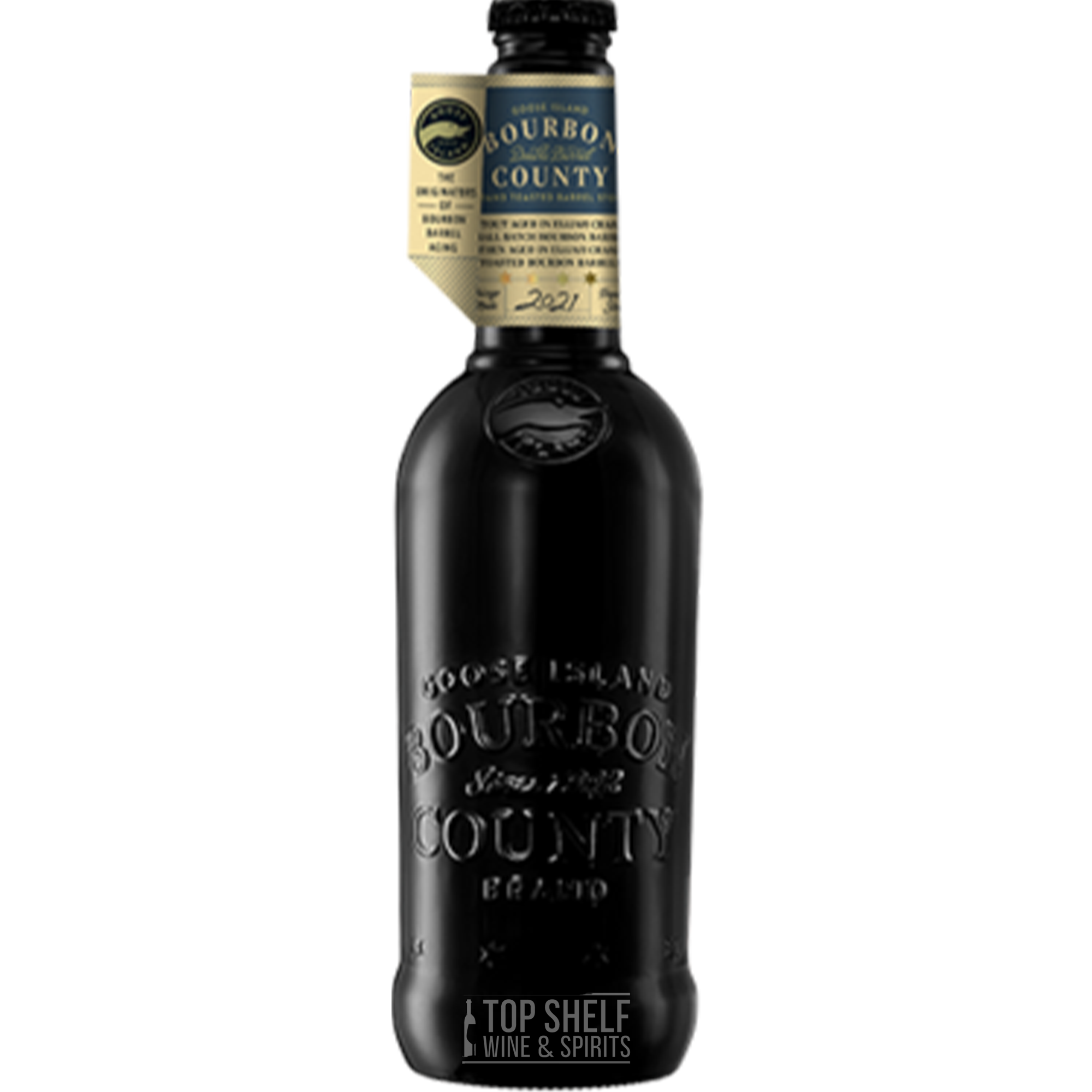 Goose Island Bourbon County 2021 Double Barrel Toasted Elijah Craig Stout bottle on a clear background.