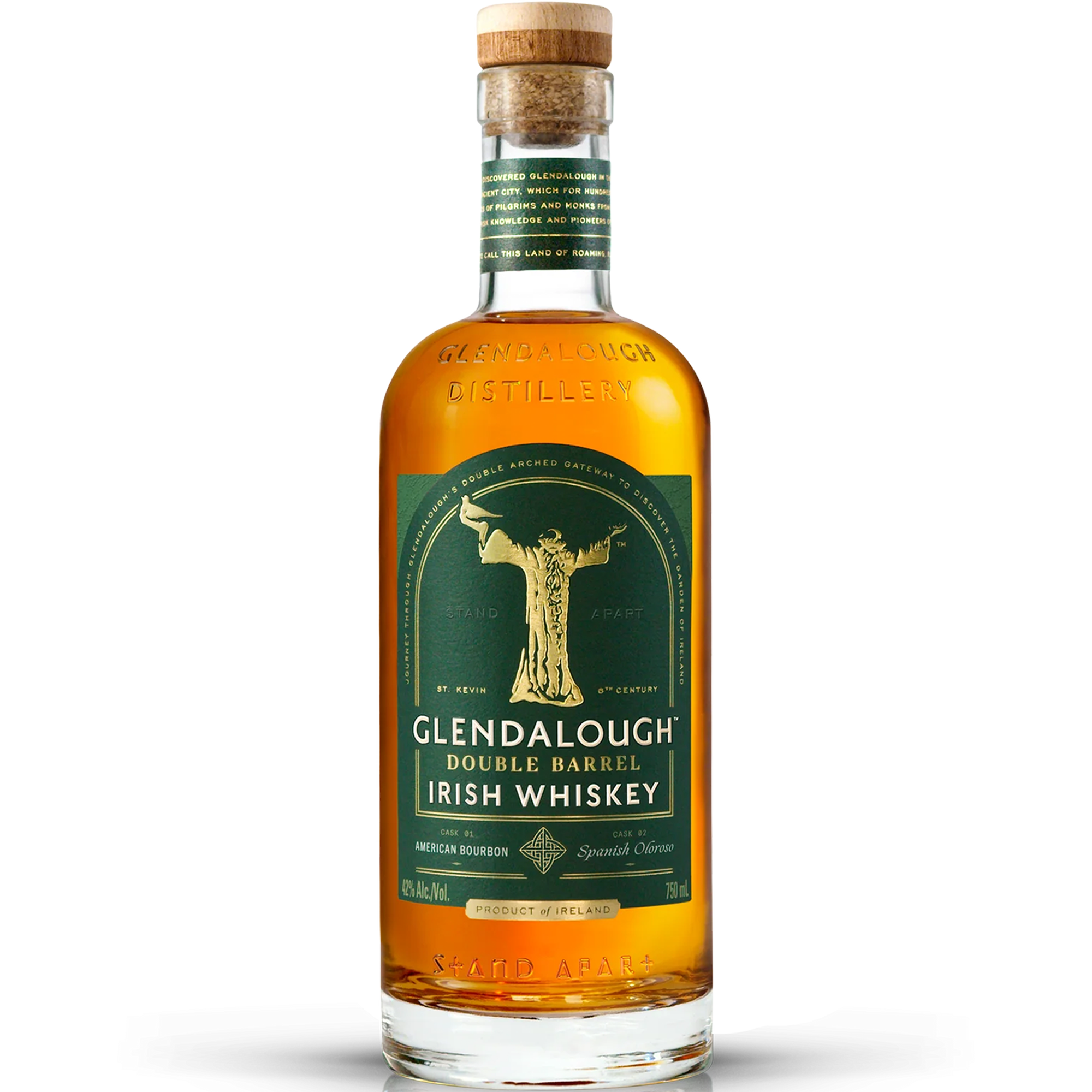 Bottle of Glendalough Single Grain Double Barrel Finish Irish Whiskey with distinct label and cork top.