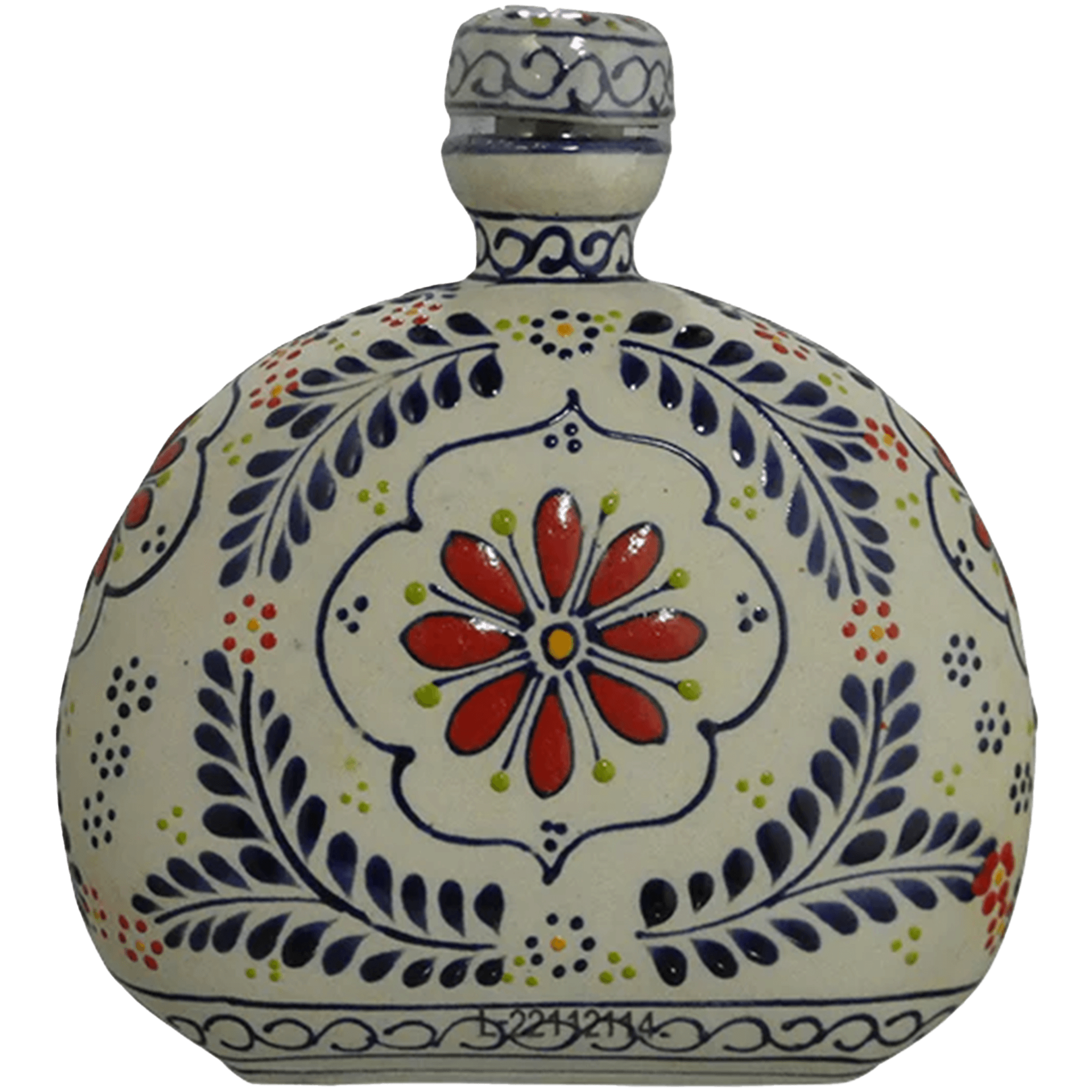 Ceramic bottle of Gema Talavera Añejo Tequila, hand-painted with floral and leaf designs, showcasing its artisanal craftsmanship.