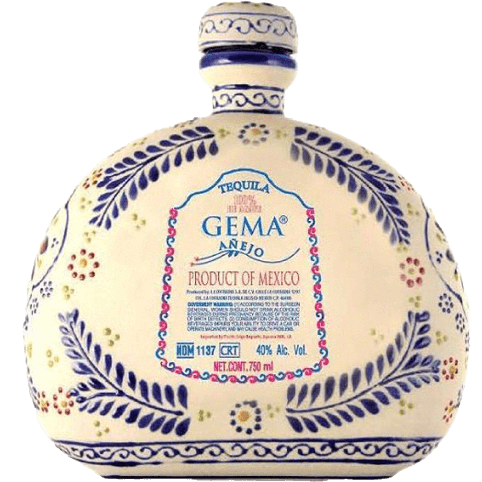 Gema Talavera Añejo Tequila in a beautifully hand-painted ceramic bottle, a super-premium agave spirit from Mexico.