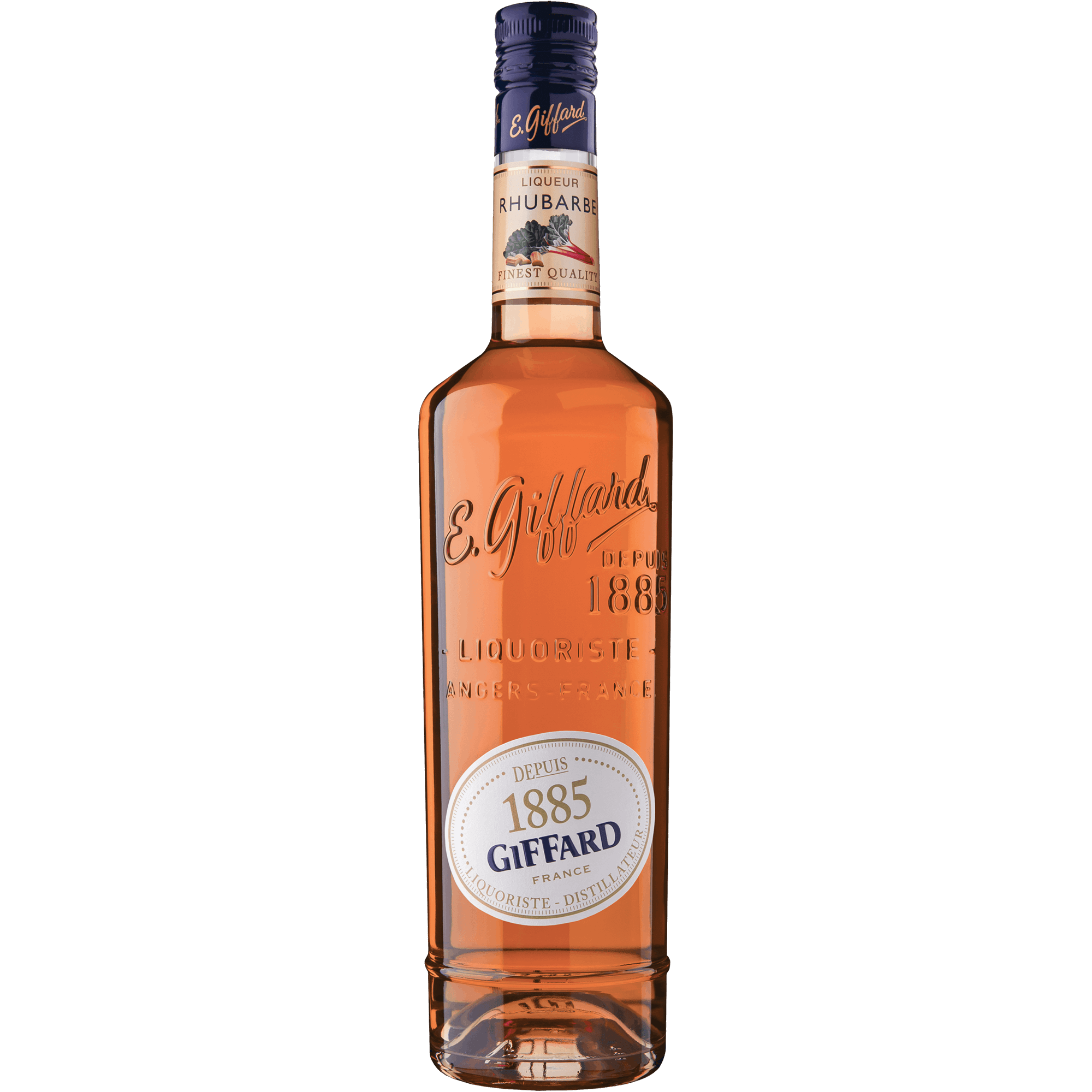 Giffard Rhubarb Liqueur bottle showcasing vibrant color and elegant label design, 40 Proof, 20% ABV.