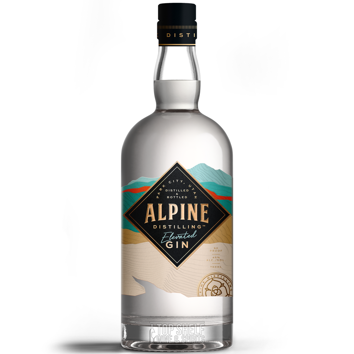 Alpine Distilling Elevated Gin bottle, 100% vapor extracted, with juniper and coriander ingredients showcased.