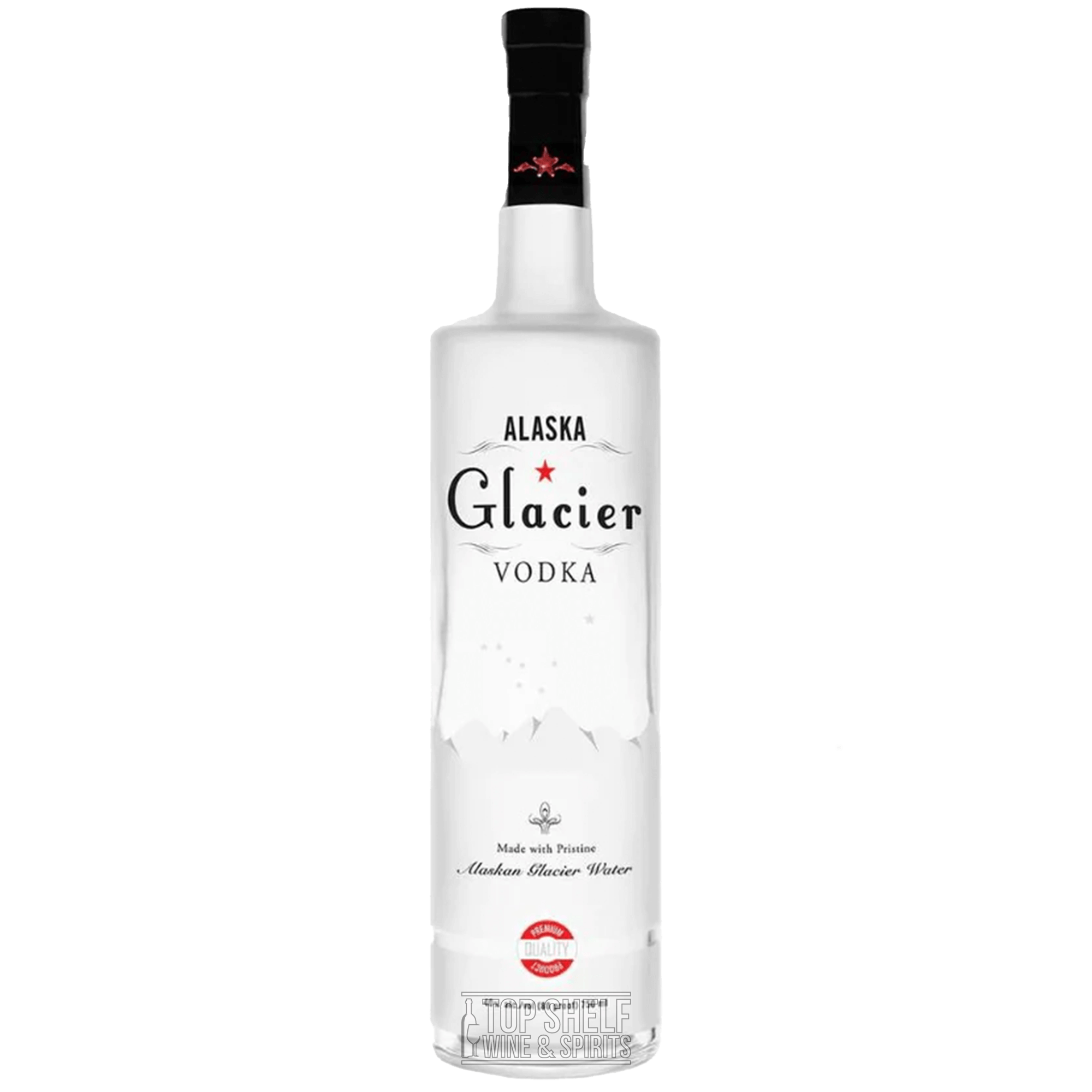 Alaska Glacier Vodka bottle featuring pristine Alaskan water and gluten-free corn, handcrafted, small batch vodka.