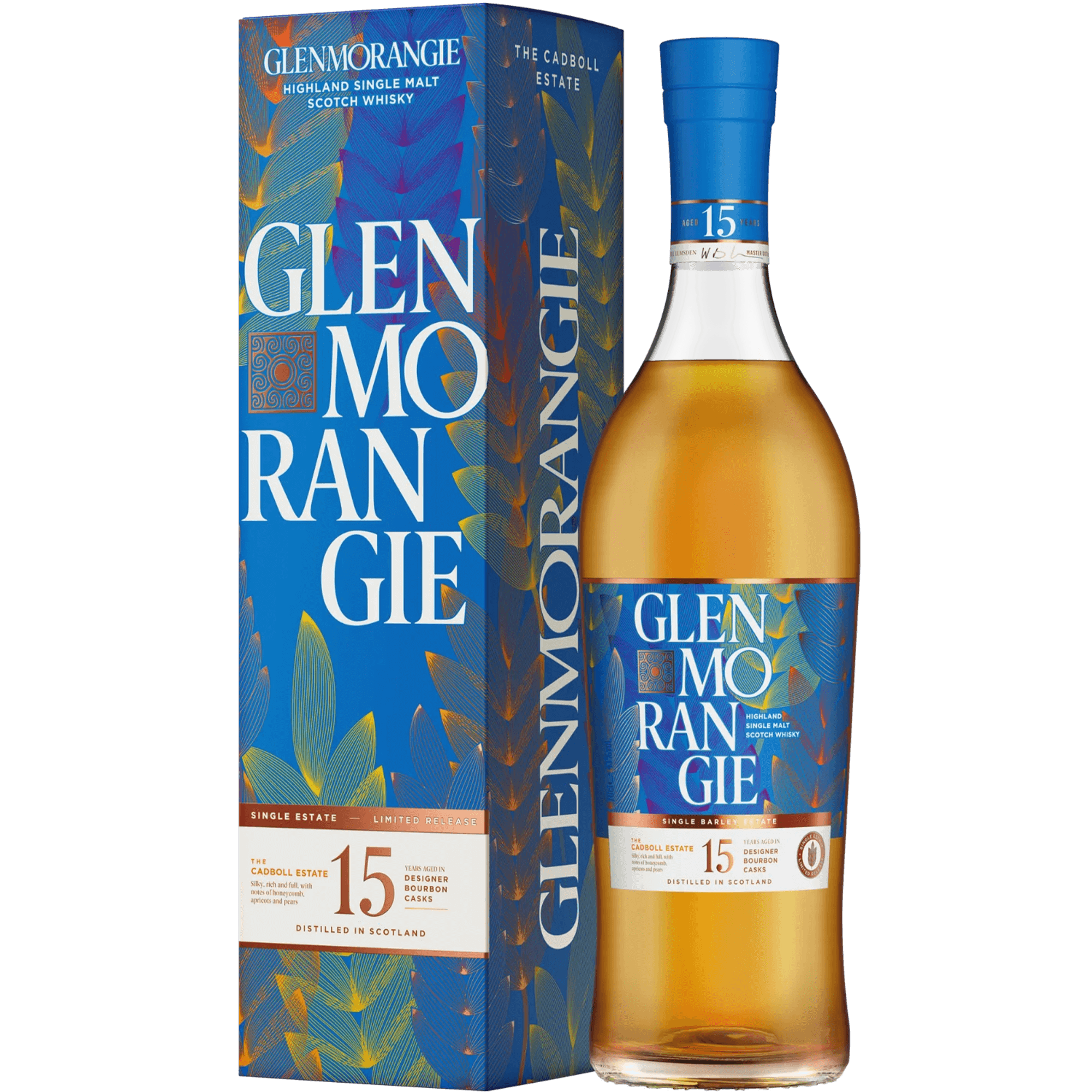 Glenmorangie 15 Year Cadboll Estate whisky bottle and box, showcasing its rich Highland single malt heritage.